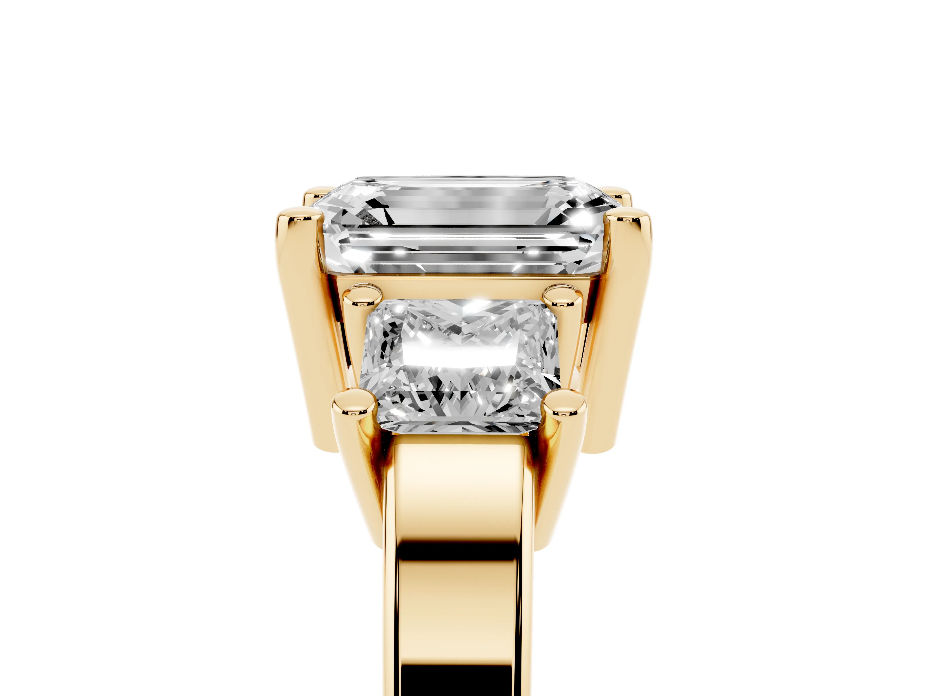 Three-Stone Emerald Cut Diamond Solitaire Ring Set in Yellow gold with Prong Setting