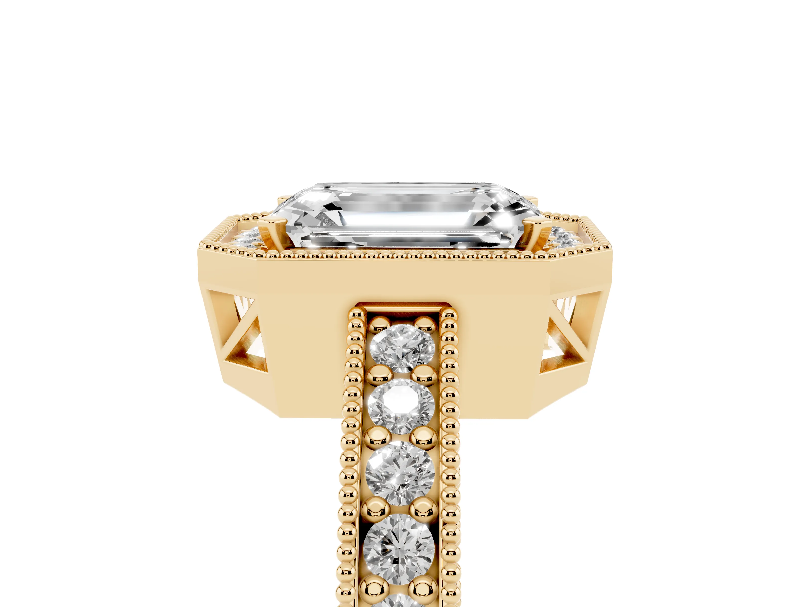 Emerald Cut Diamond Halo Pavé Band Ring Set in Yellow gold with Prong-Set Center