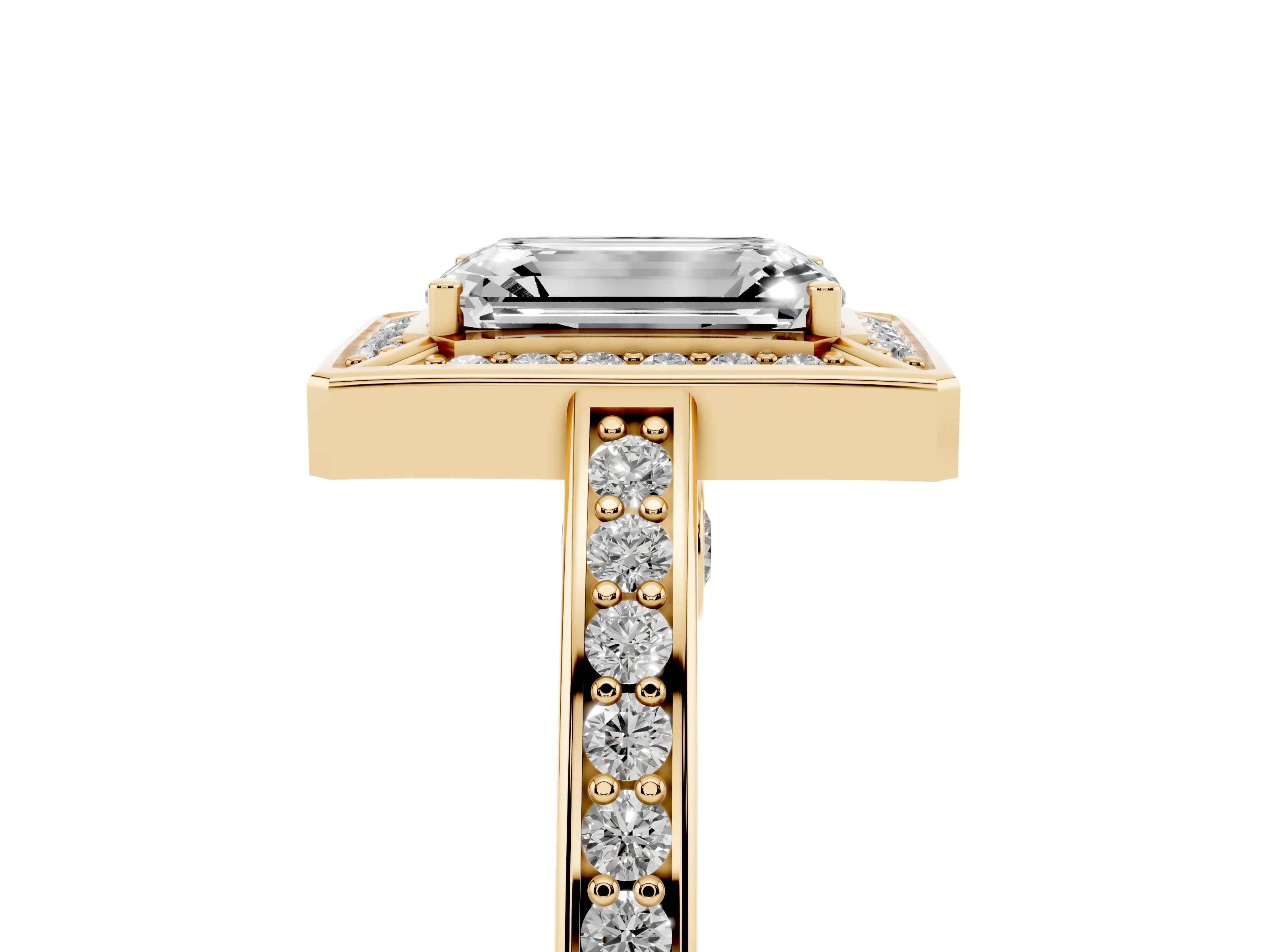 Emerald Cut Diamond Halo Pavé Split Shank Ring Set in Yellow gold with Prong Setting