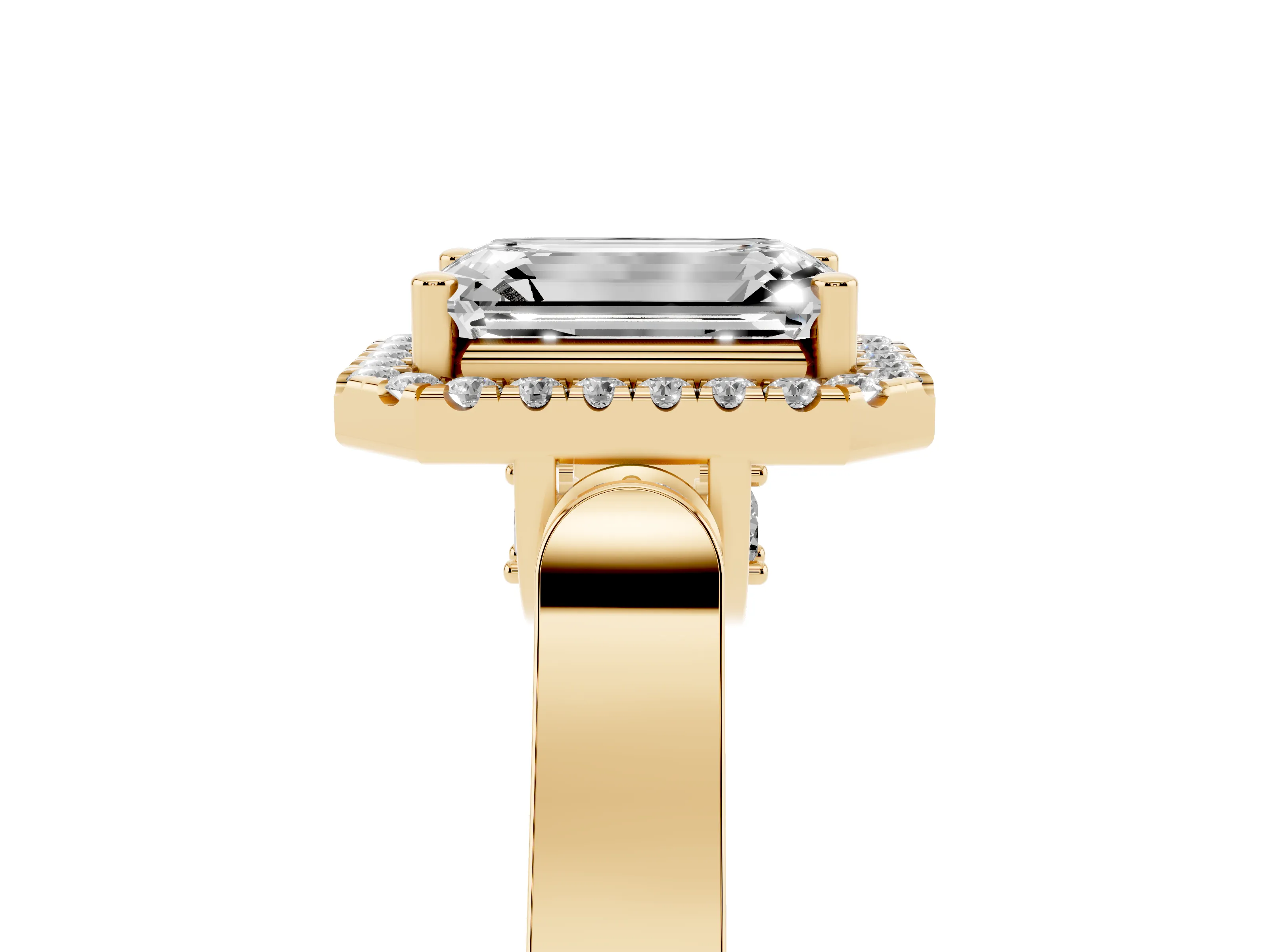 Emerald Cut Diamond Halo Ring Set in Yellow gold with Pavé-Lined Split Shank Band