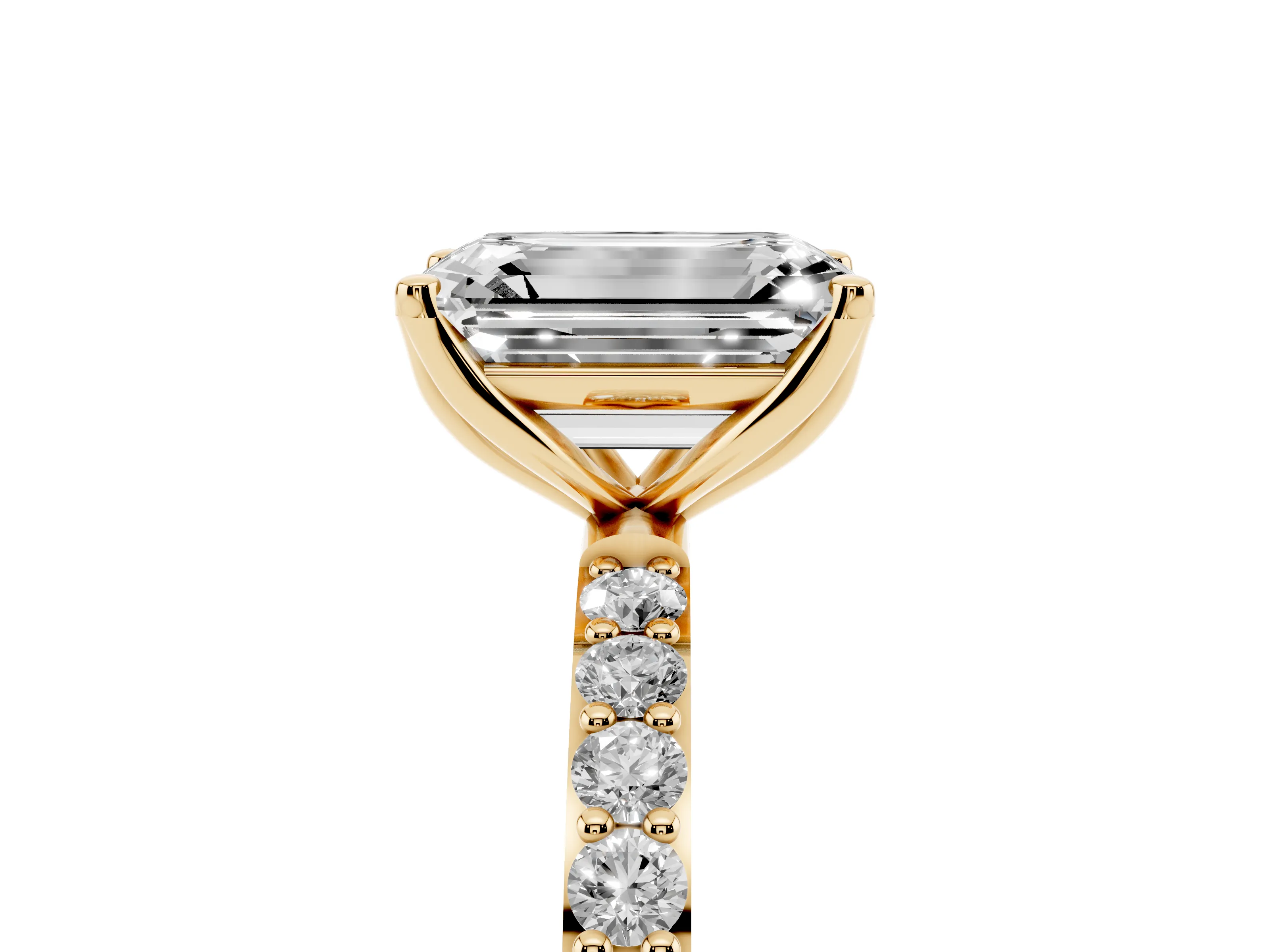 Emerald Cut Diamond Solitaire Engagement Ring Set in Yellow gold with Round Pavé Band and Prong Setting