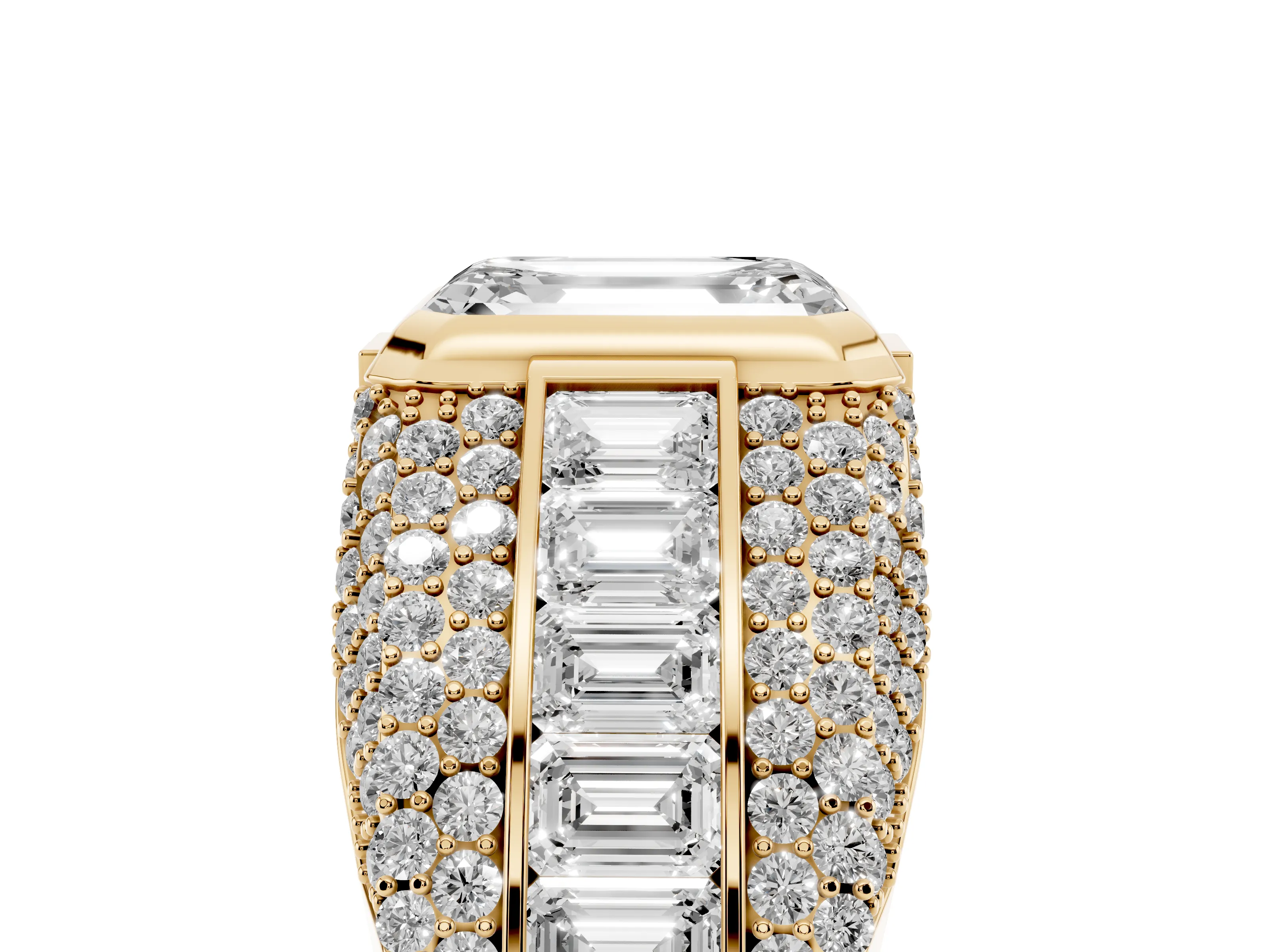 Emerald Cut Diamond Mens Ring Set in Yellow gold with Structured Side Stones and Pavé Shoulders
