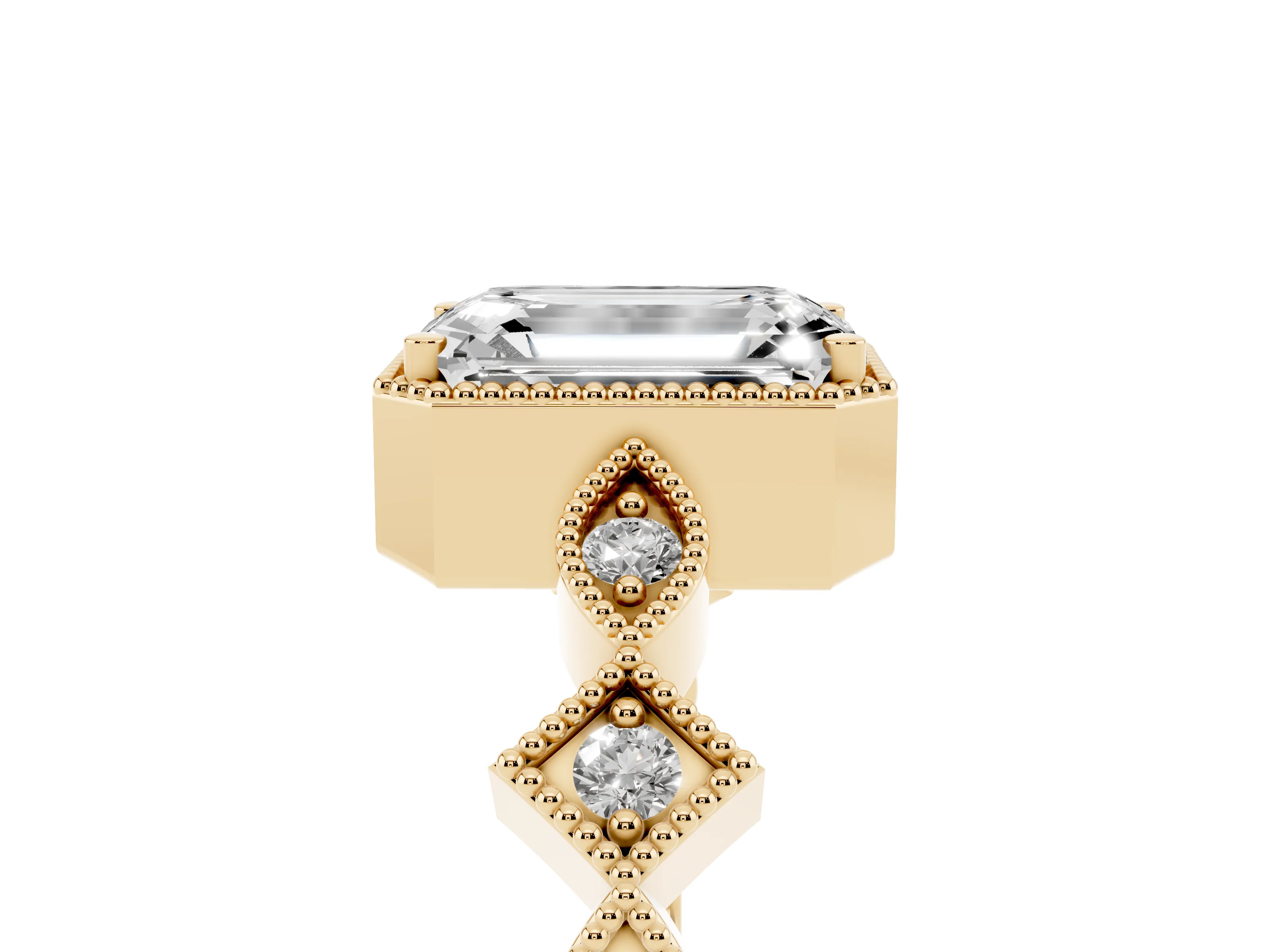 Emerald Cut Diamond Milgrain Marquise Twist Band Ring Set in Yellow gold with Prong Setting