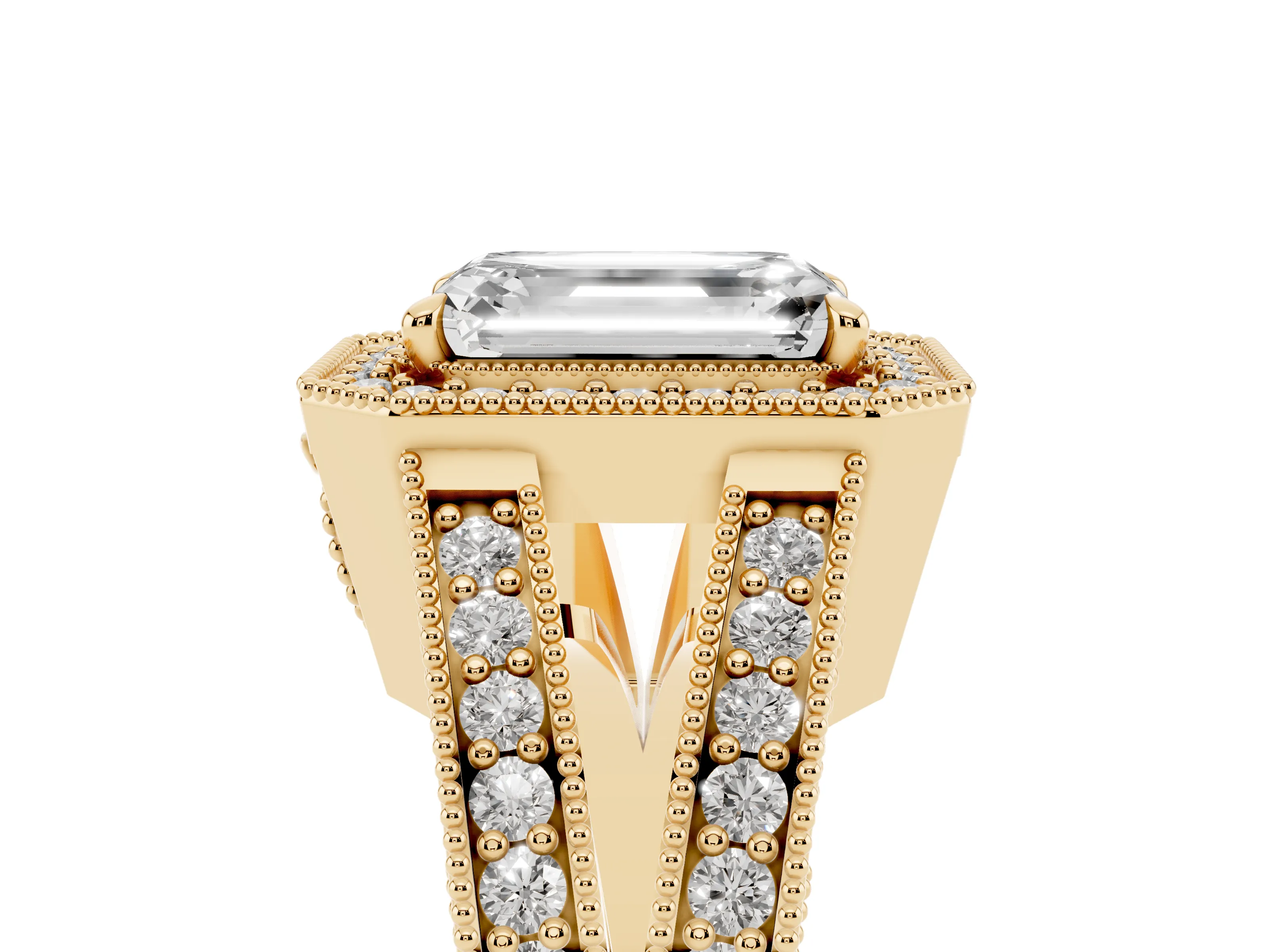 Emerald Cut Diamond Halo Ring Set in Yellow gold with Stone-Set Split Shank and Milgrain Edges