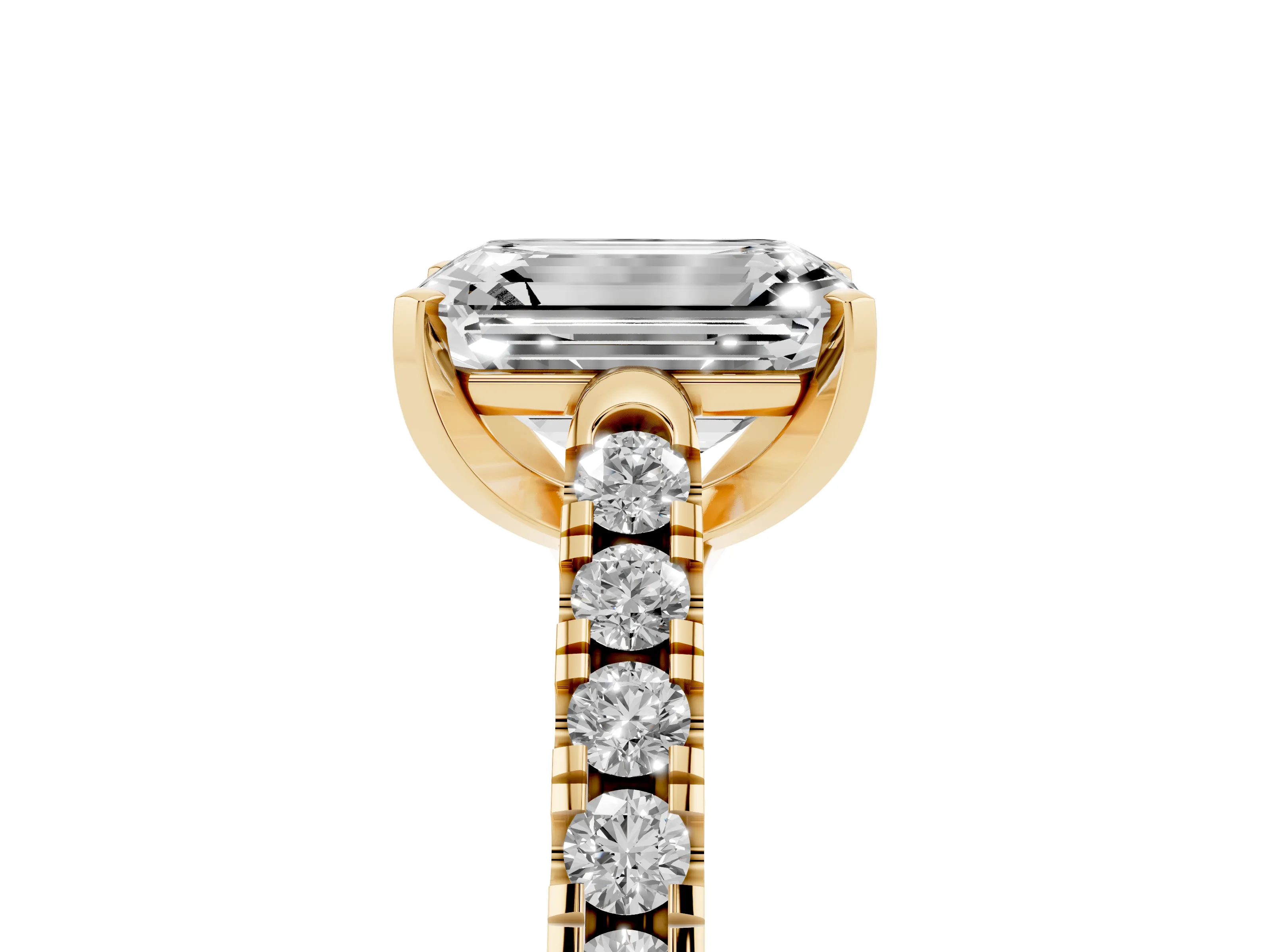 Emerald Cut Diamond Pavé Band Solitaire Ring Set in Yellow gold with Partway Accent Stones and Prong Setting
