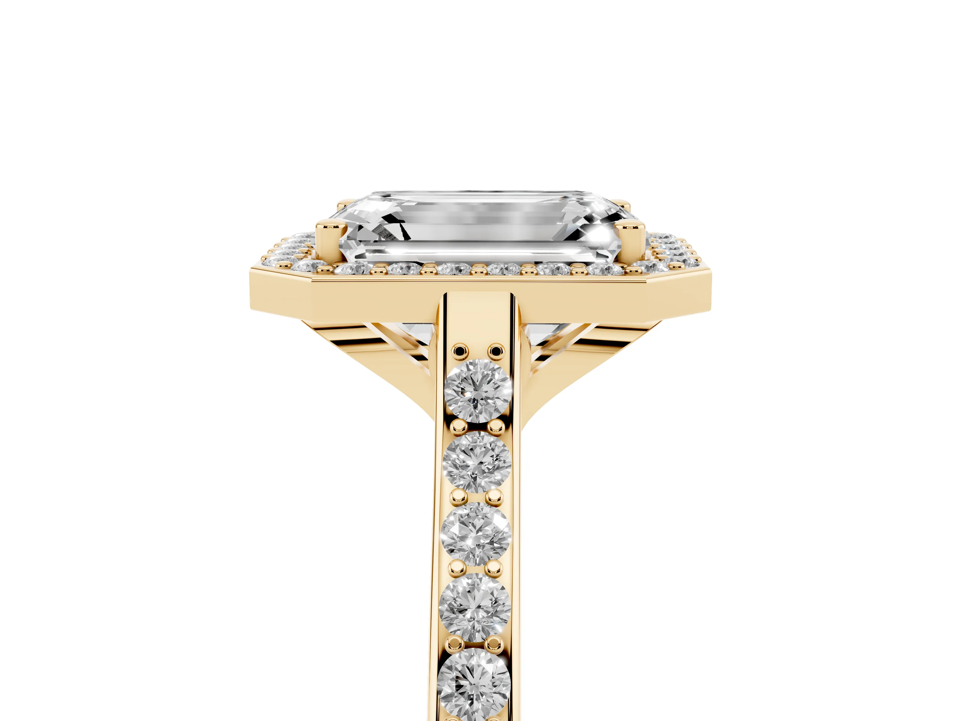 Emerald Cut Diamond Halo Engagement Ring Set in Yellow gold with Round Pavé Shoulders and Heart Gallery
