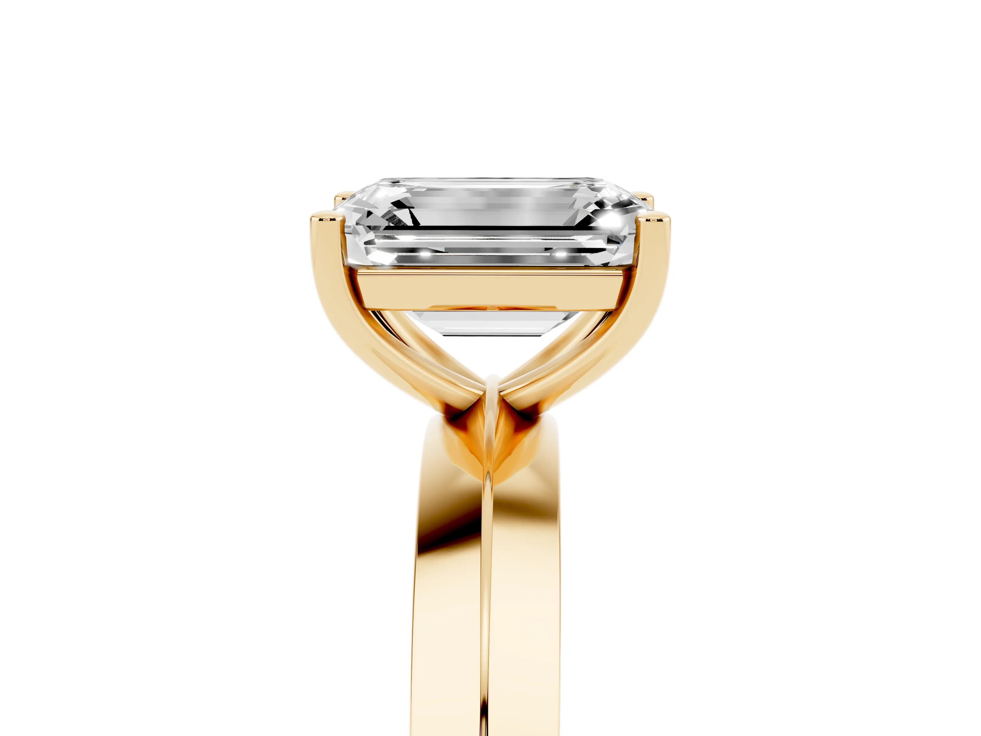 Emerald Cut Diamond Solitaire Engagement Ring Set in Yellow gold with Flat Band and Prong Setting