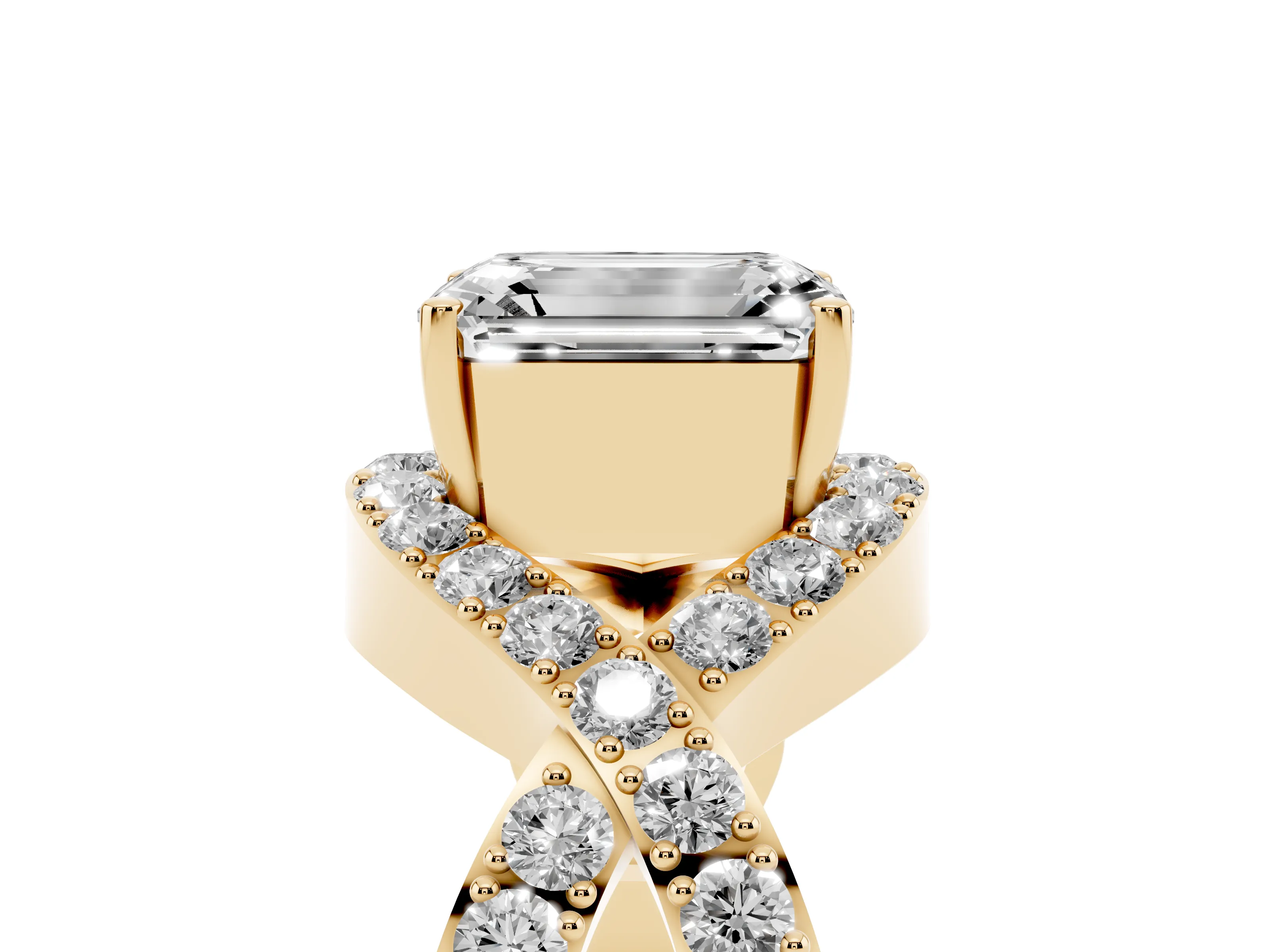 Emerald Cut Diamond Solitaire Twist Band Pavé Engagement Ring Set in Yellow gold