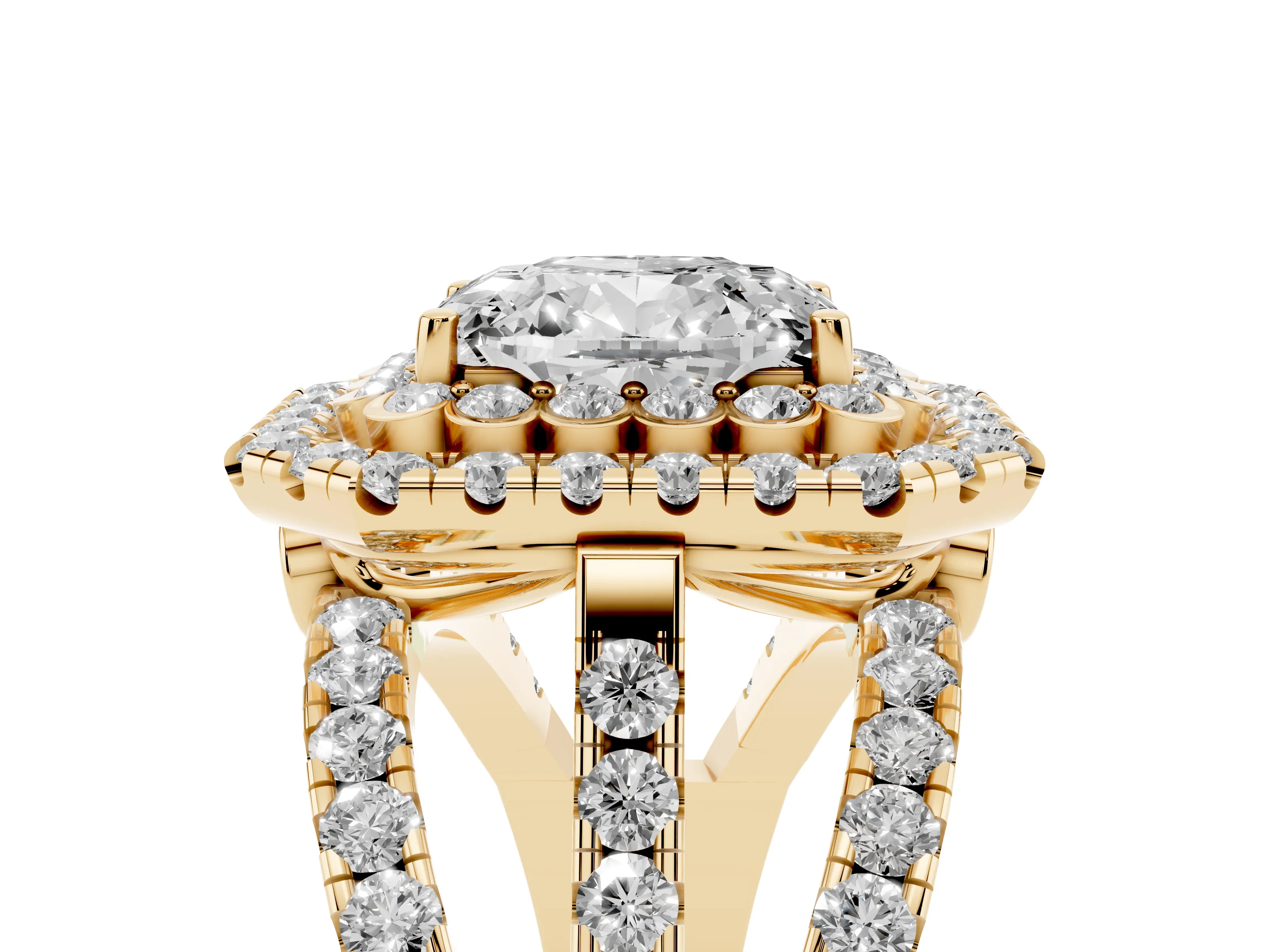 Emerald Cut Diamond Double Halo Ring Set in Yellow gold with Round Pavé Split Shank