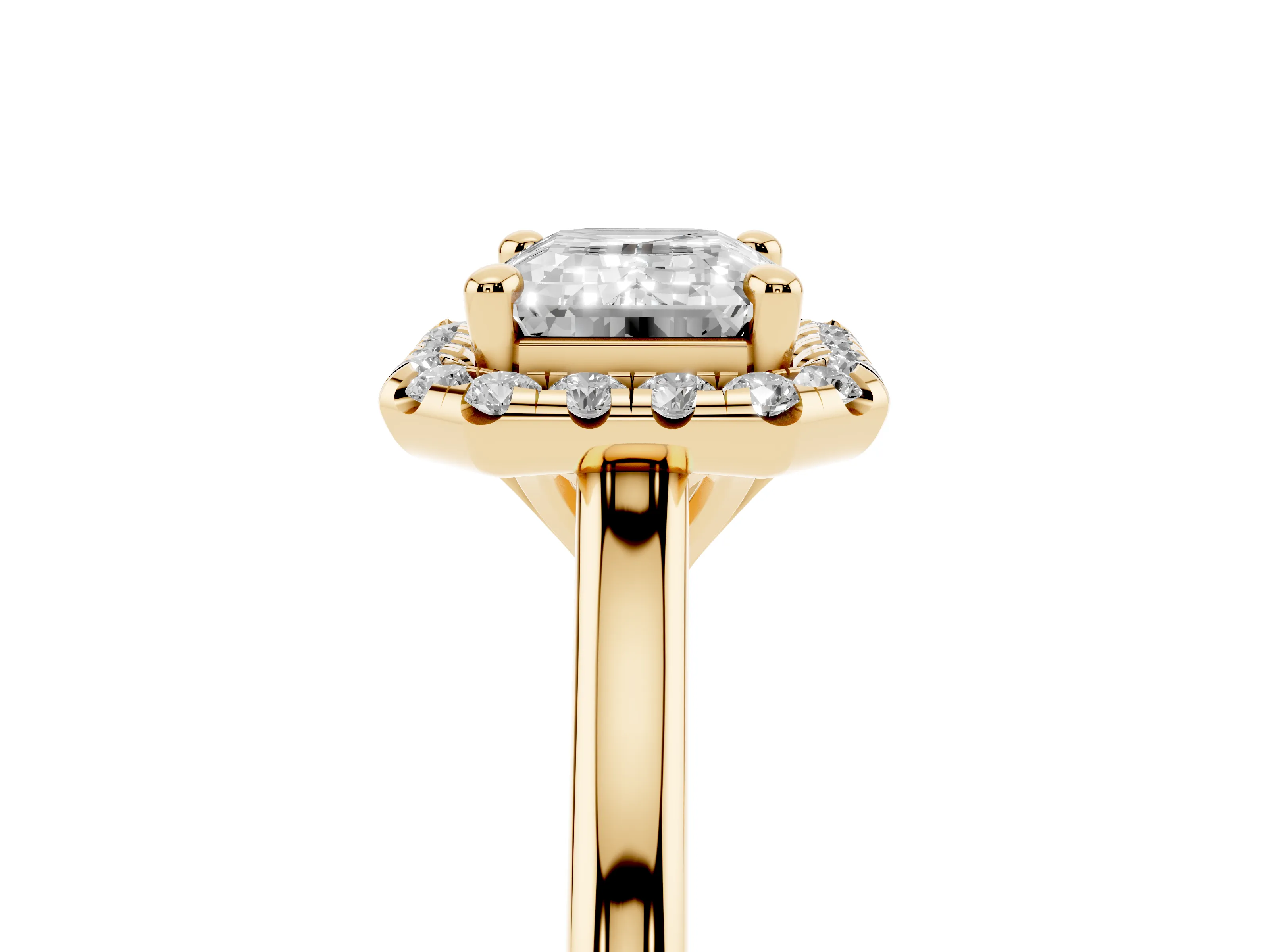 Emerald Cut Diamond Halo Engagement Ring Set in Yellow gold with Pavé Band and Rising Shoulders