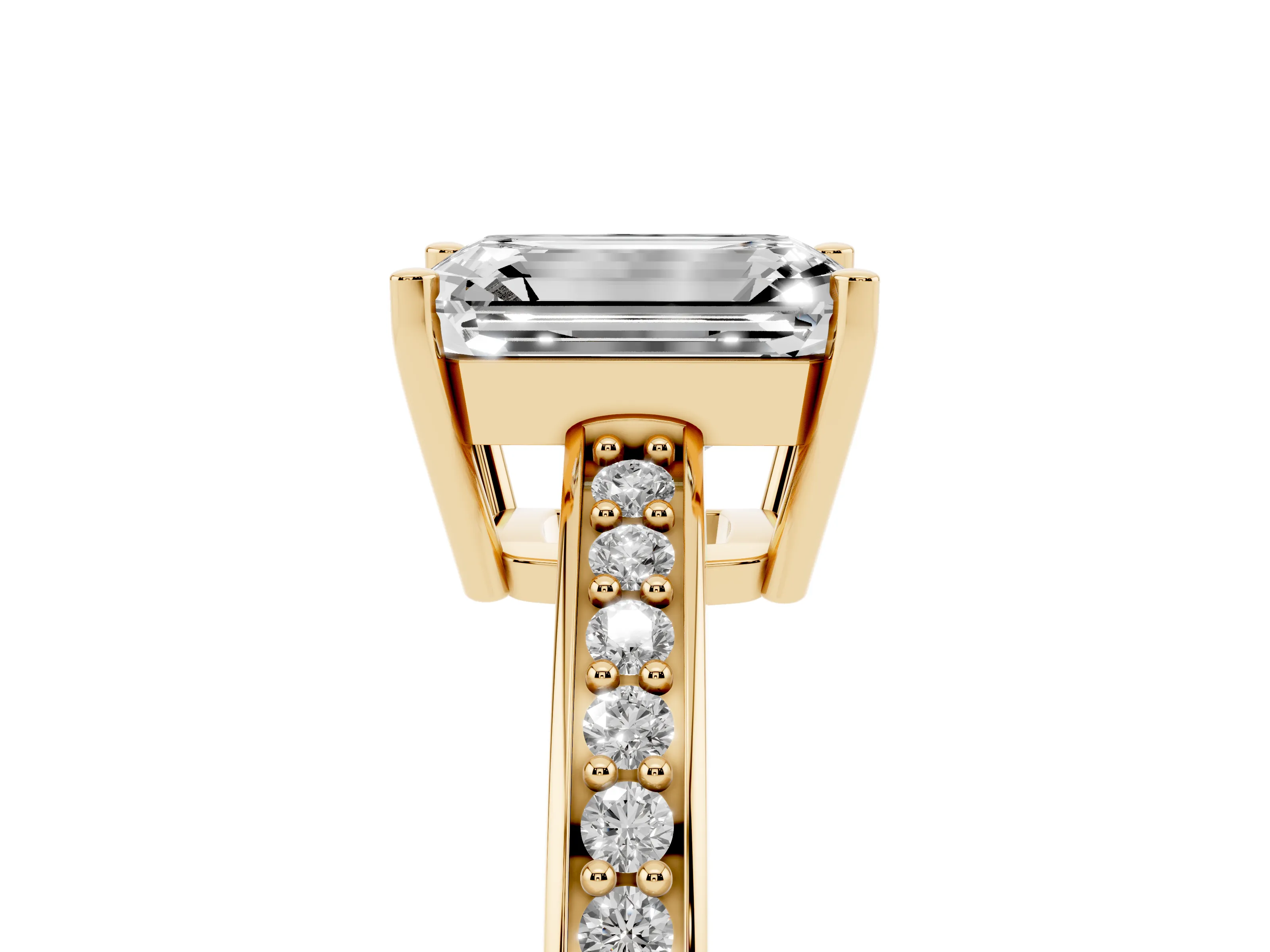 Emerald Cut Diamond Pavé Band Prong Set Solitaire Ring Set in Yellow gold