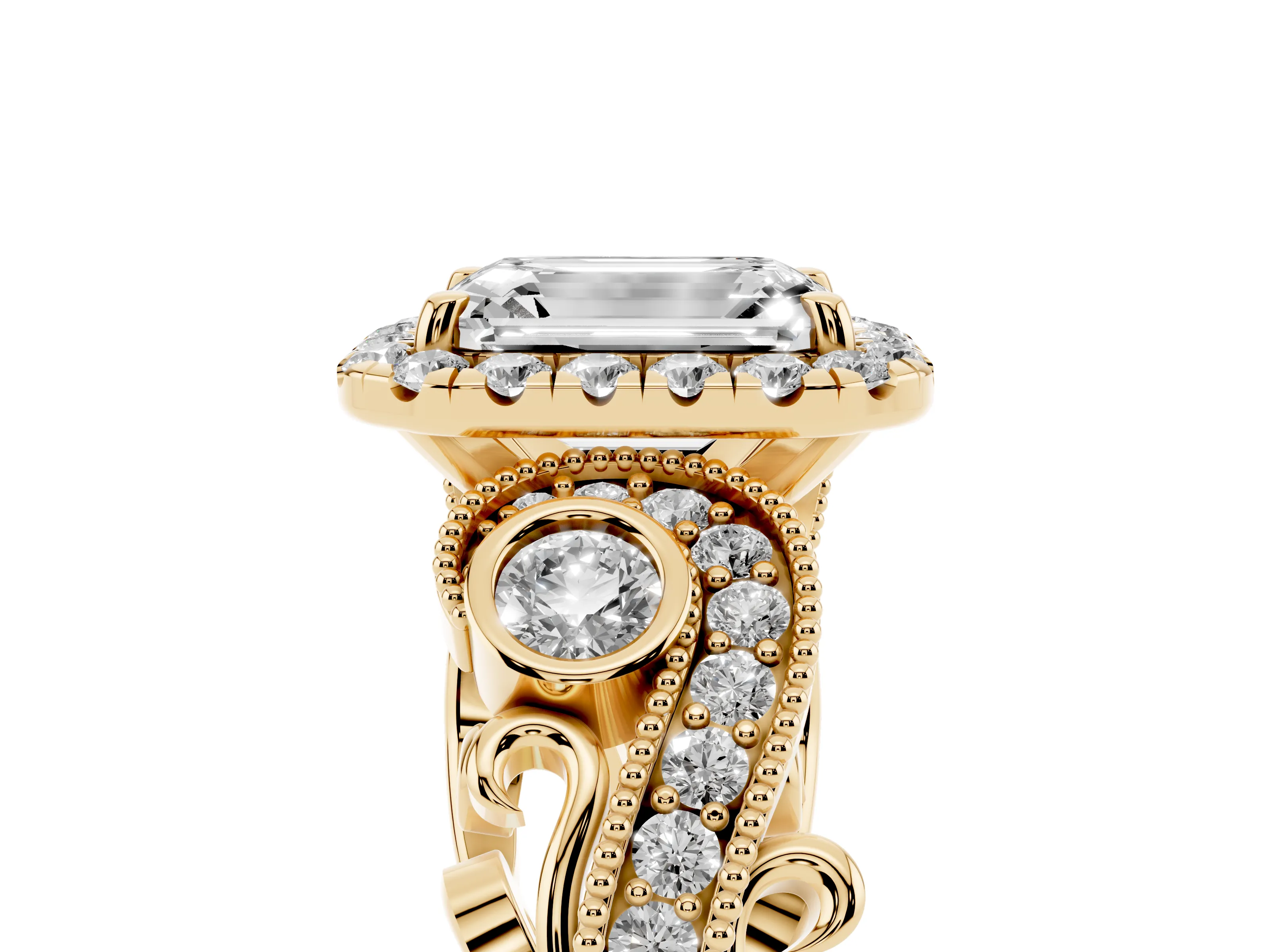 Emerald Cut Diamond Halo Ring Set in Yellow gold with Milgrain Pavé Band and Prong Setting
