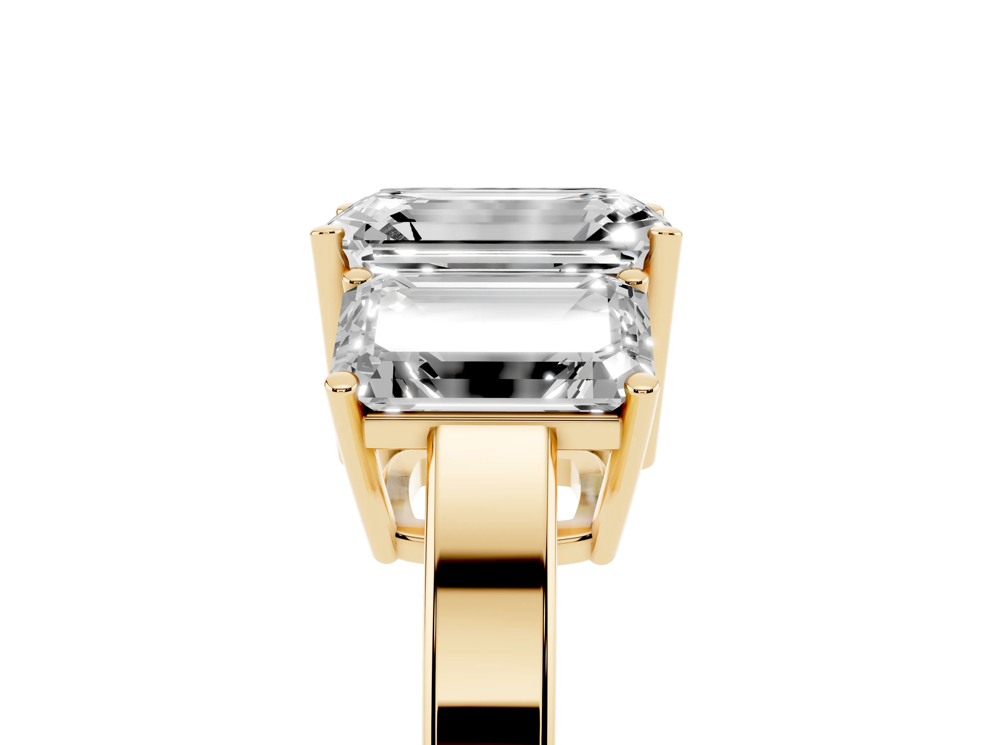 Emerald Cut Diamond Three-Stone Engagement Ring Set in Yellow gold with Flat Band