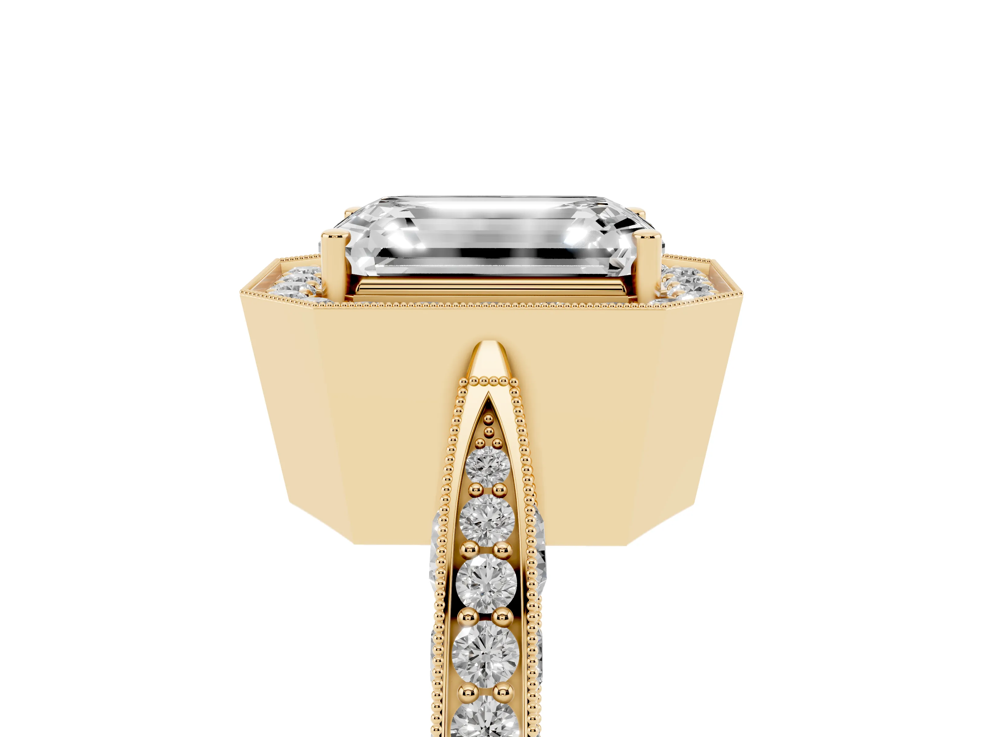 Emerald Cut Diamond Halo Engagement Ring Set in Yellow gold with Accent Split Shank Band