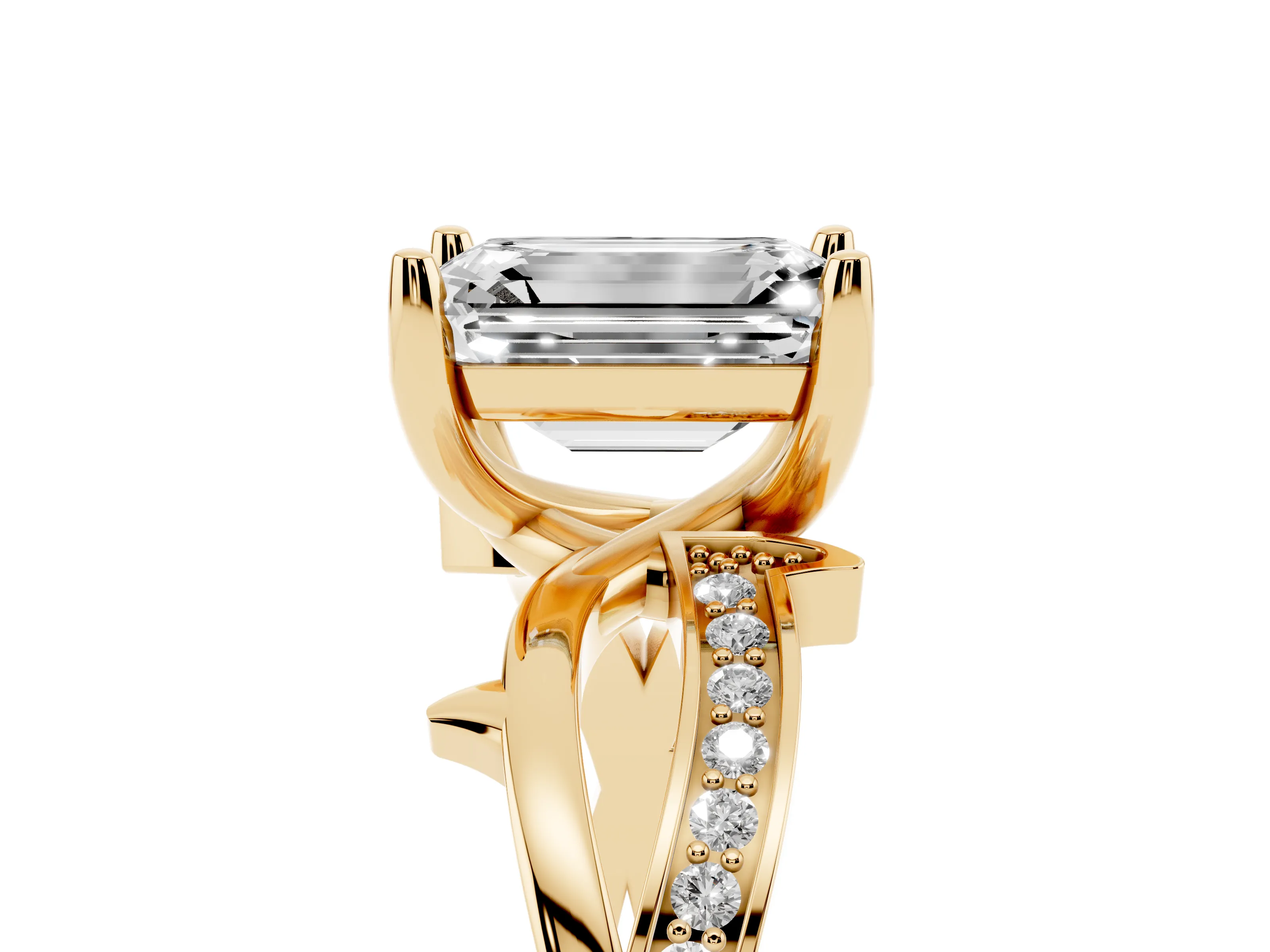 Emerald Cut Diamond Pavé Twist Band Solitaire Ring Set in Yellow gold with Prong Setting