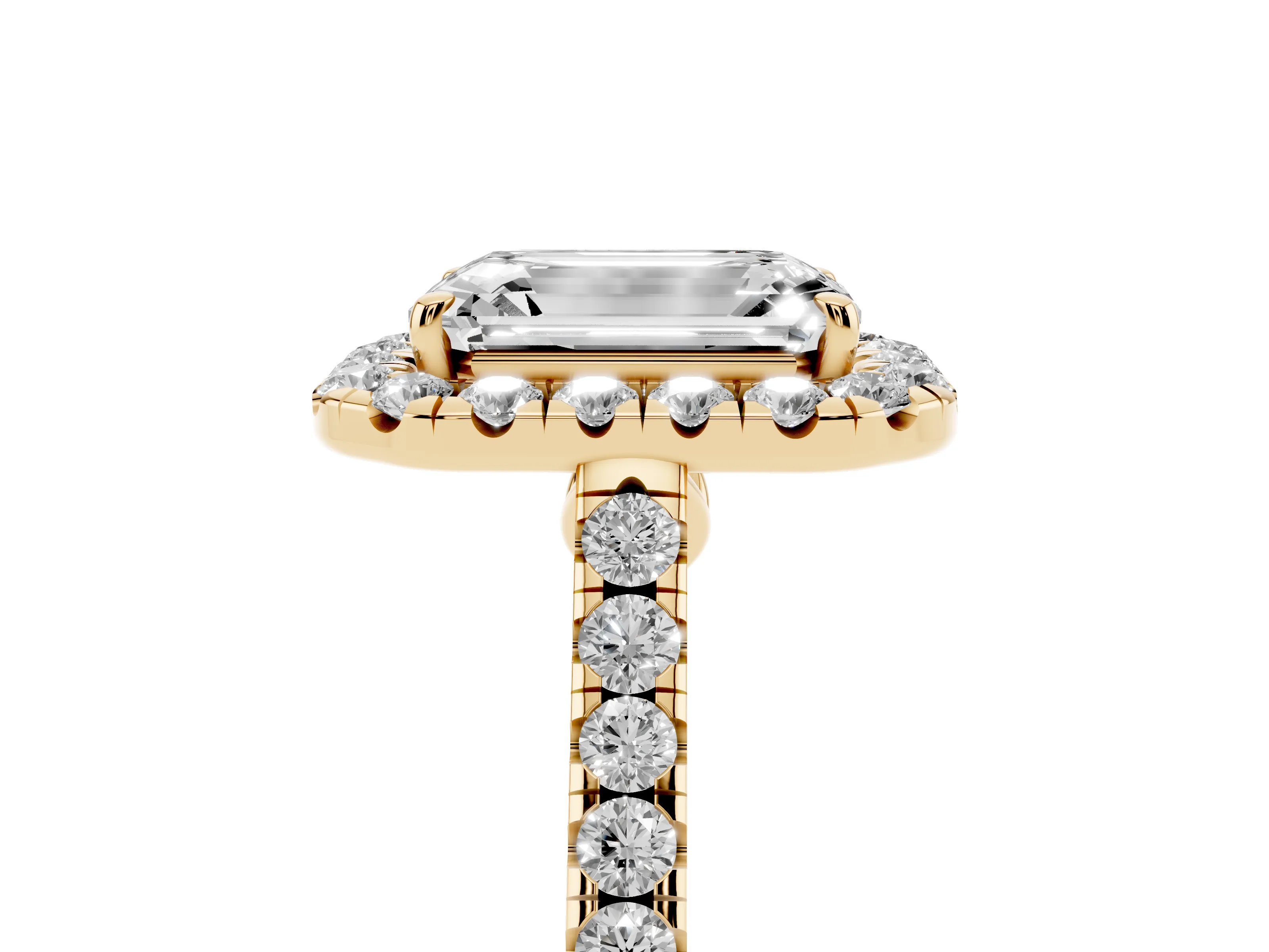 Emerald Cut Diamond Halo Pavé Engagement Ring Set in Yellow gold with Prong Setting