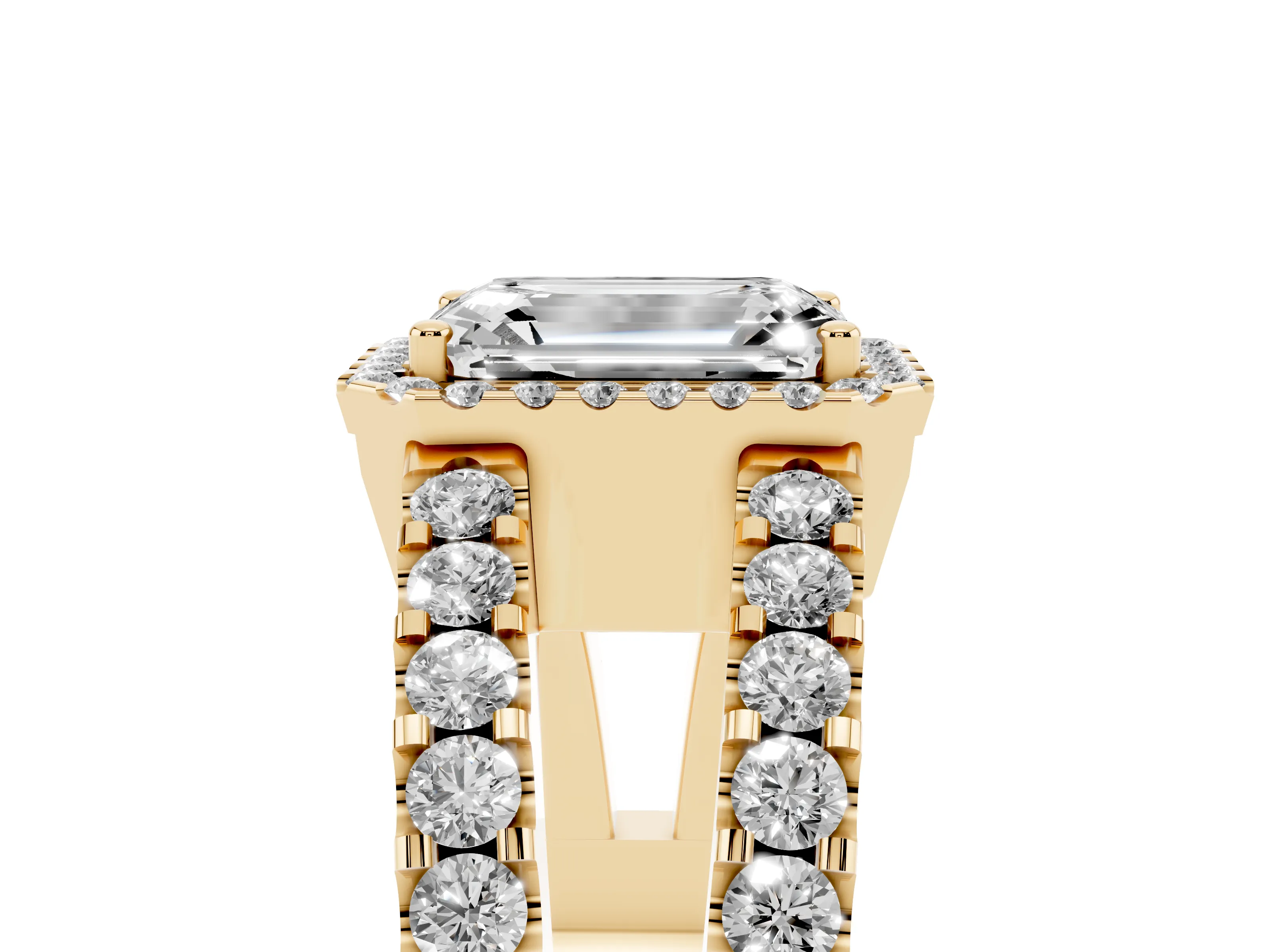 Emerald Cut Diamond Halo Ring Set in Yellow gold with Pavé Split Shank and Prong Setting