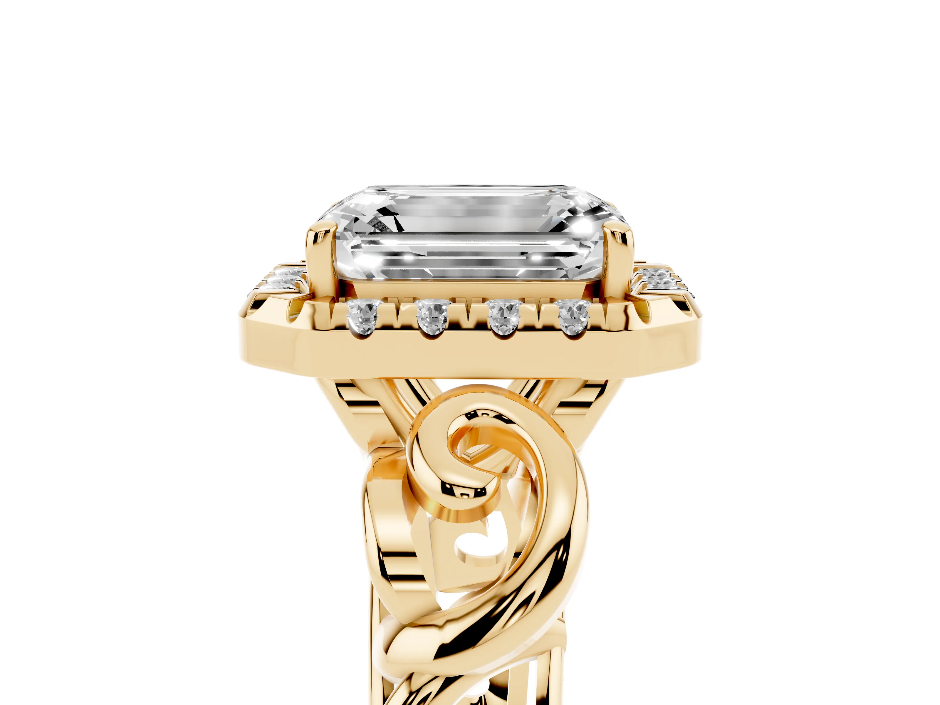 Emerald Cut Diamond Halo Ring Set in Yellow gold with Scrollwork Band and Prong Setting