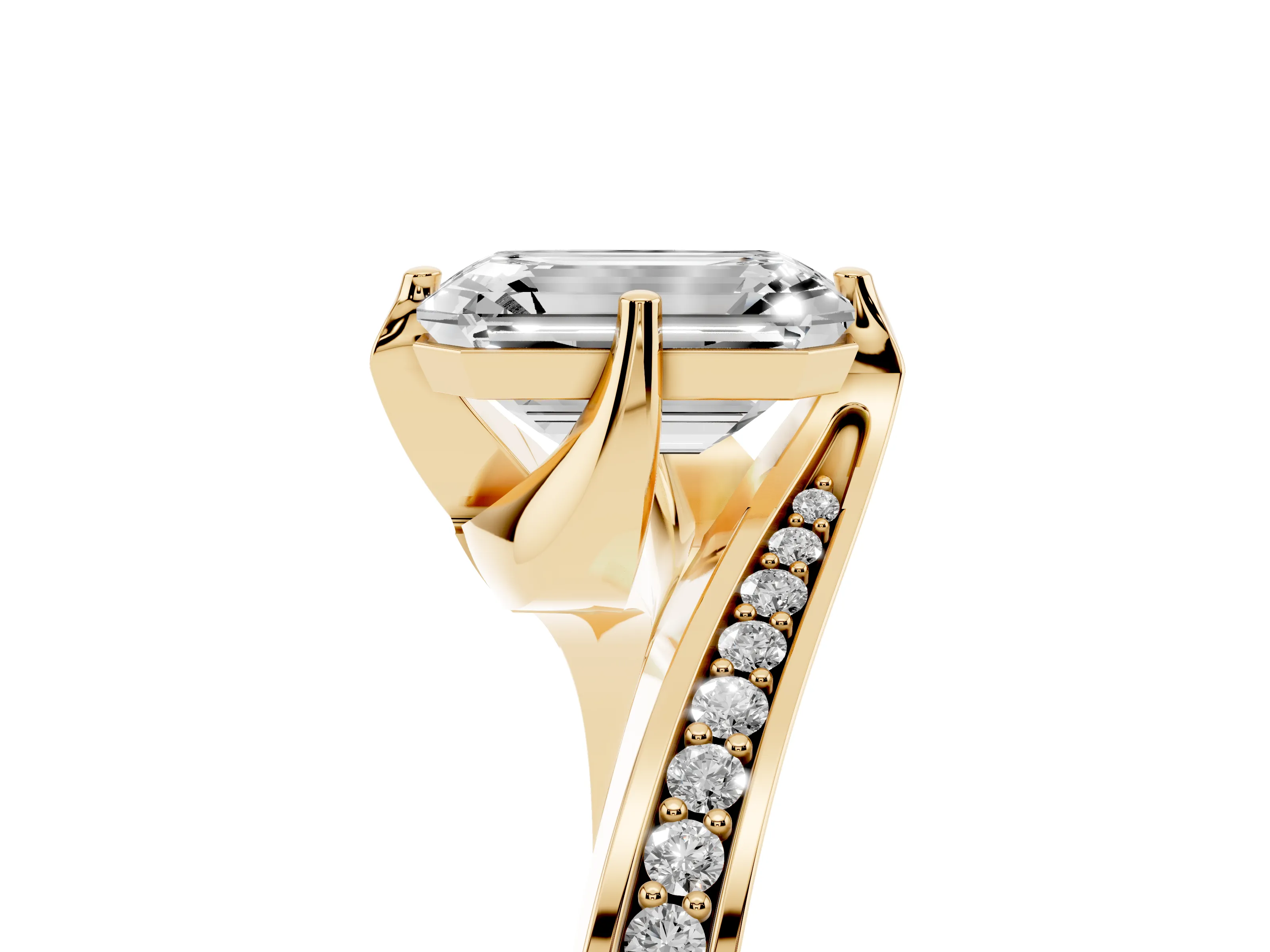 Emerald Cut Diamond Solitaire Ring Set in Yellow gold with Intertwined Pavé Twist Band