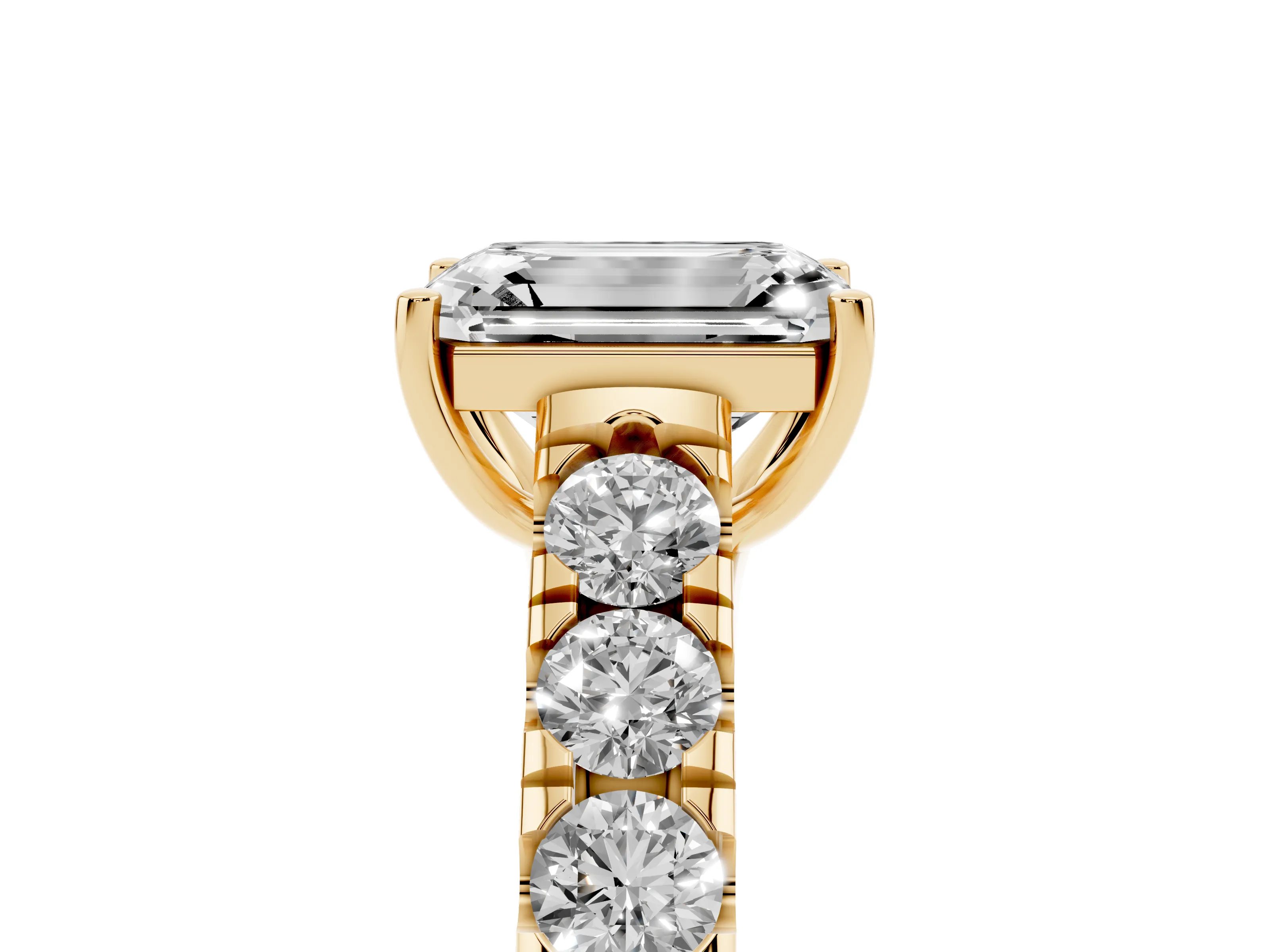 Emerald Cut Diamond Solitaire Ring Set in Yellow gold with Cut-Down Micro Pavé Band and Prong Setting