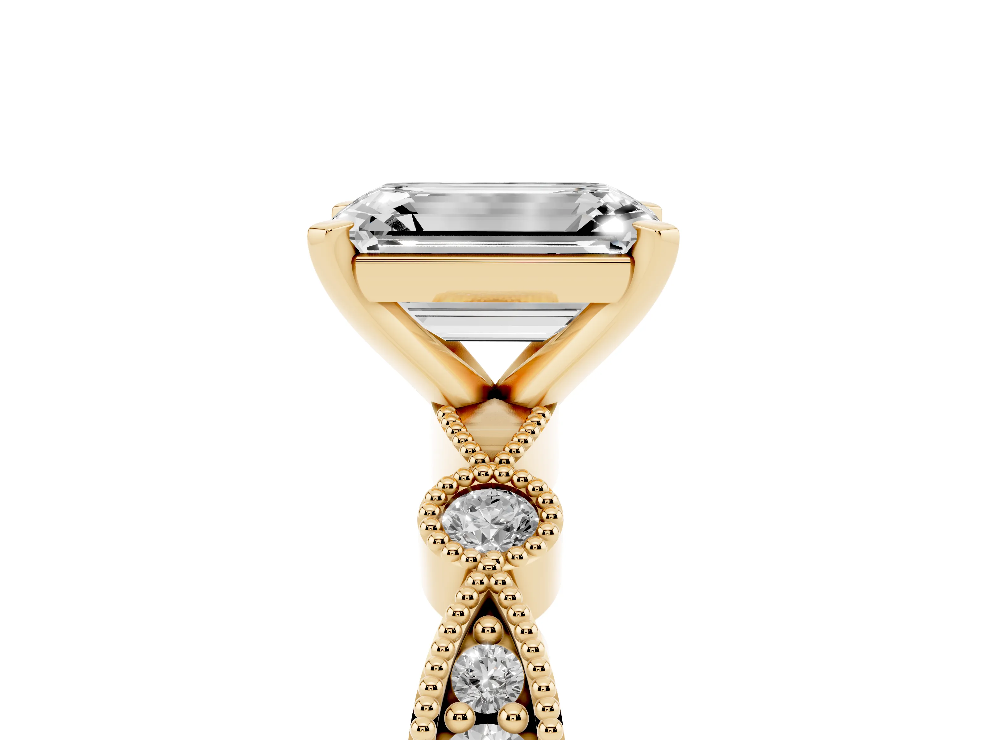 Emerald Cut Diamond Solitaire Engagement Ring Set in Yellow gold with Milgrain Bezel Accent Band