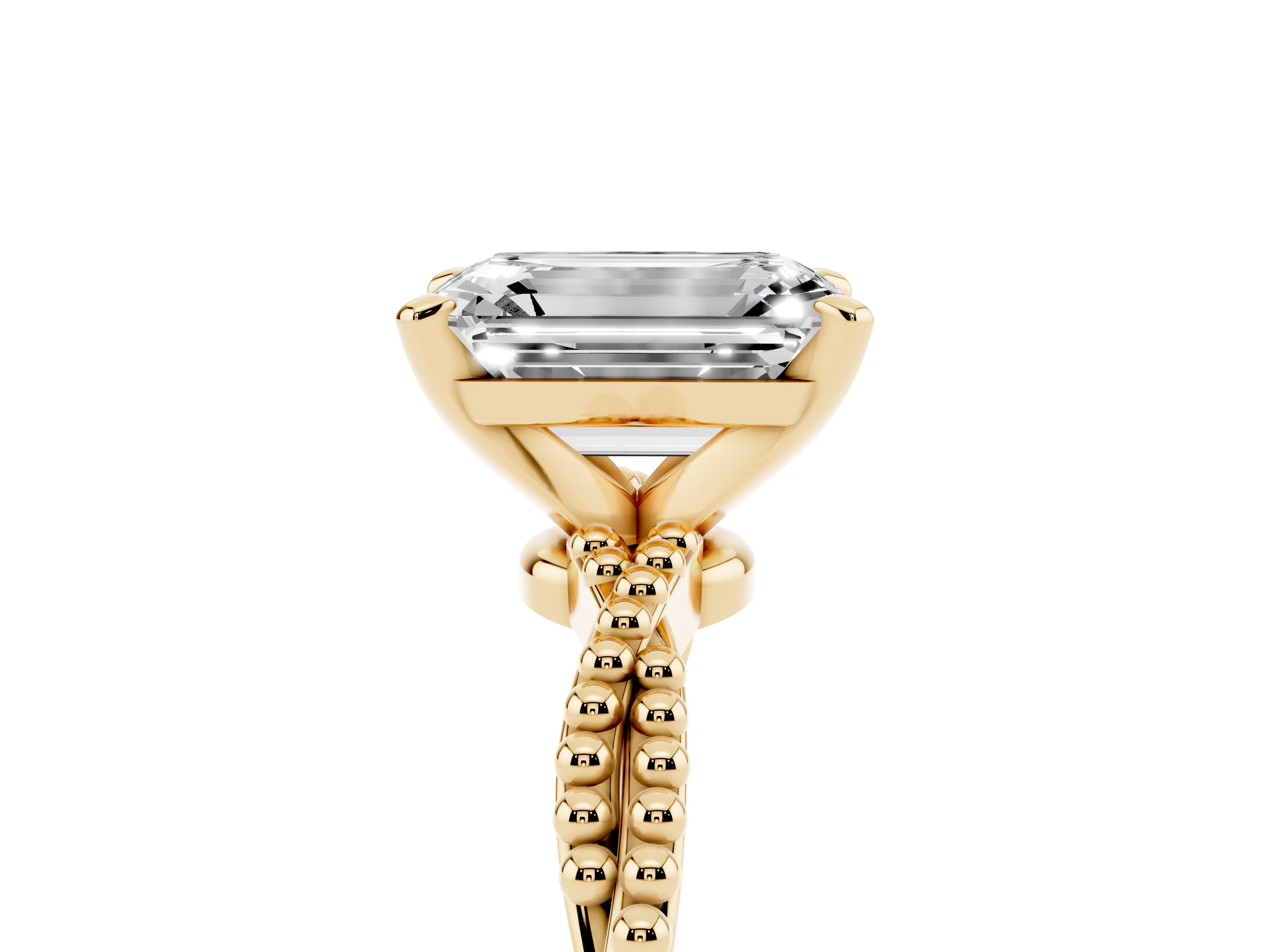 Emerald Cut Diamond Solitaire Ring Set in Yellow gold with Twisted Band and Bead Prong Setting
