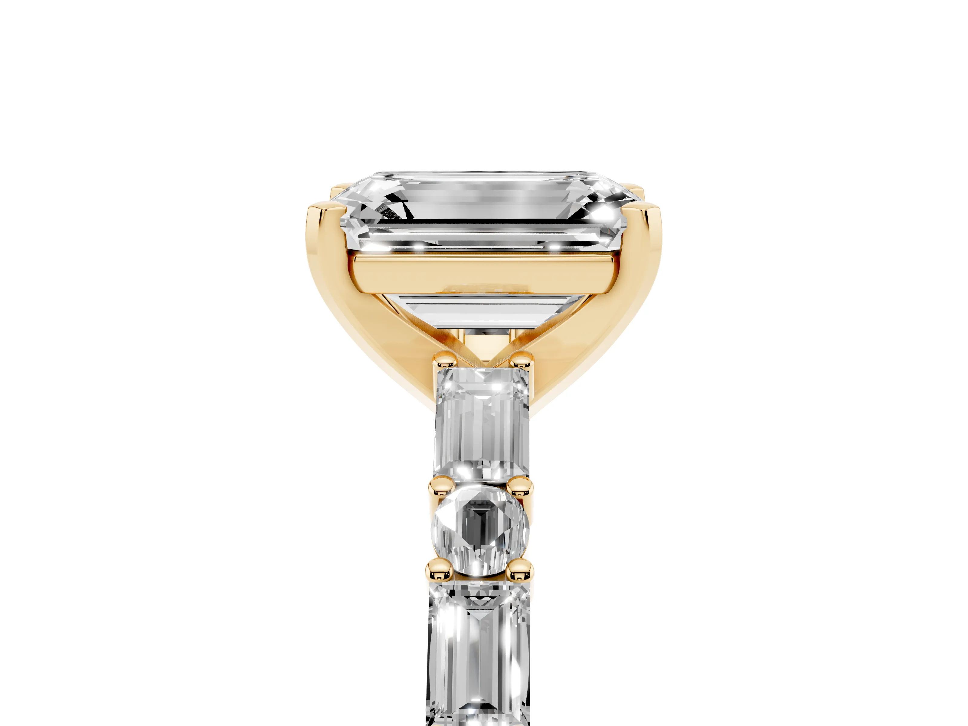 Emerald Cut Diamond Solitaire Set in Yellow gold with Side Baguettes and Channel Set Band