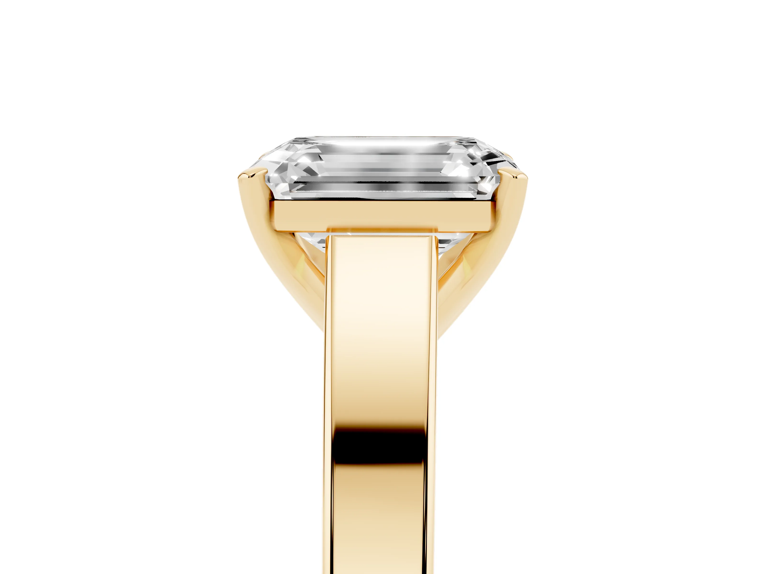 Emerald Cut Diamond Solitaire Engagement Ring Set in Yellow gold with Prong Setting and Tapered Band