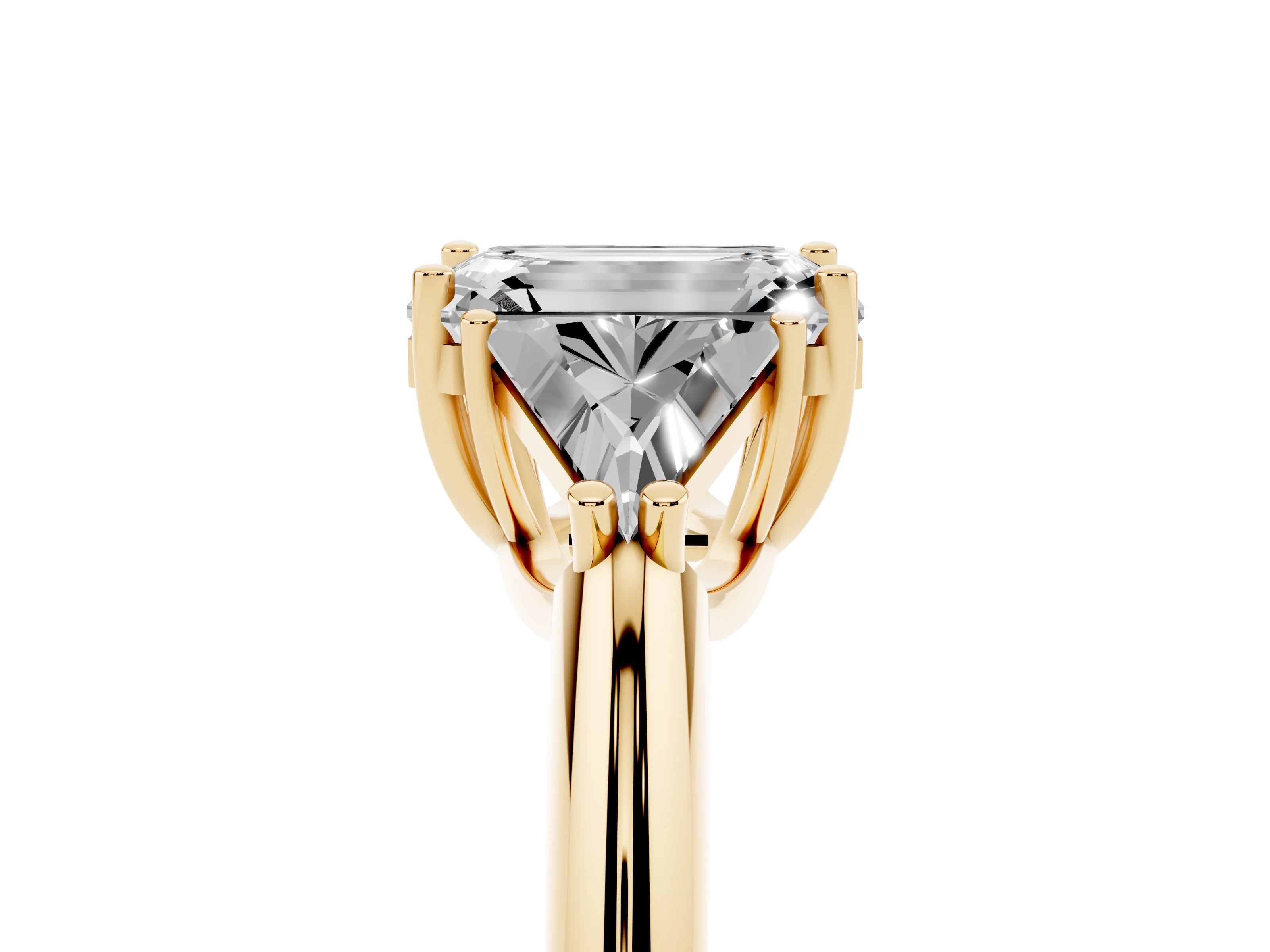 Emerald Cut Diamond Three-Stone Engagement Ring Set in Yellow gold with Trillion Side Stones