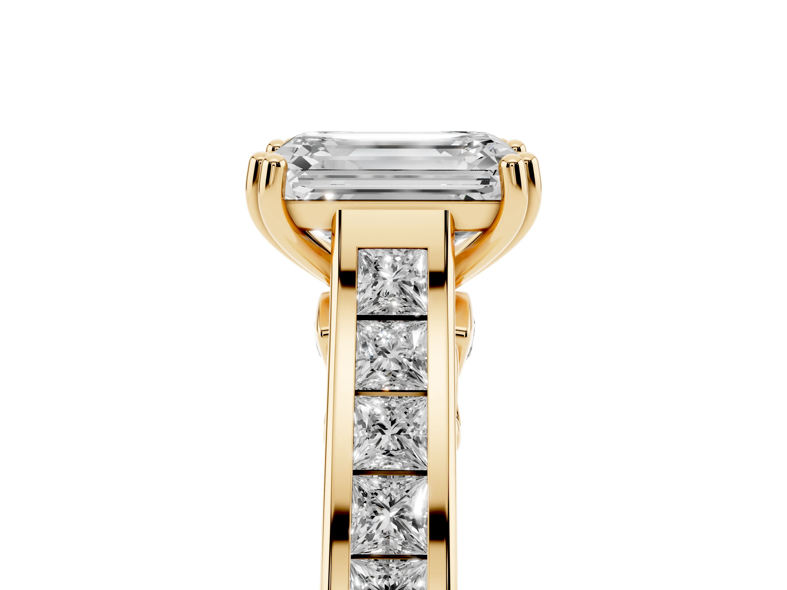 Emerald Cut Diamond Channel Set Solitaire Engagement Ring Set in Yellow gold with Prong Setting