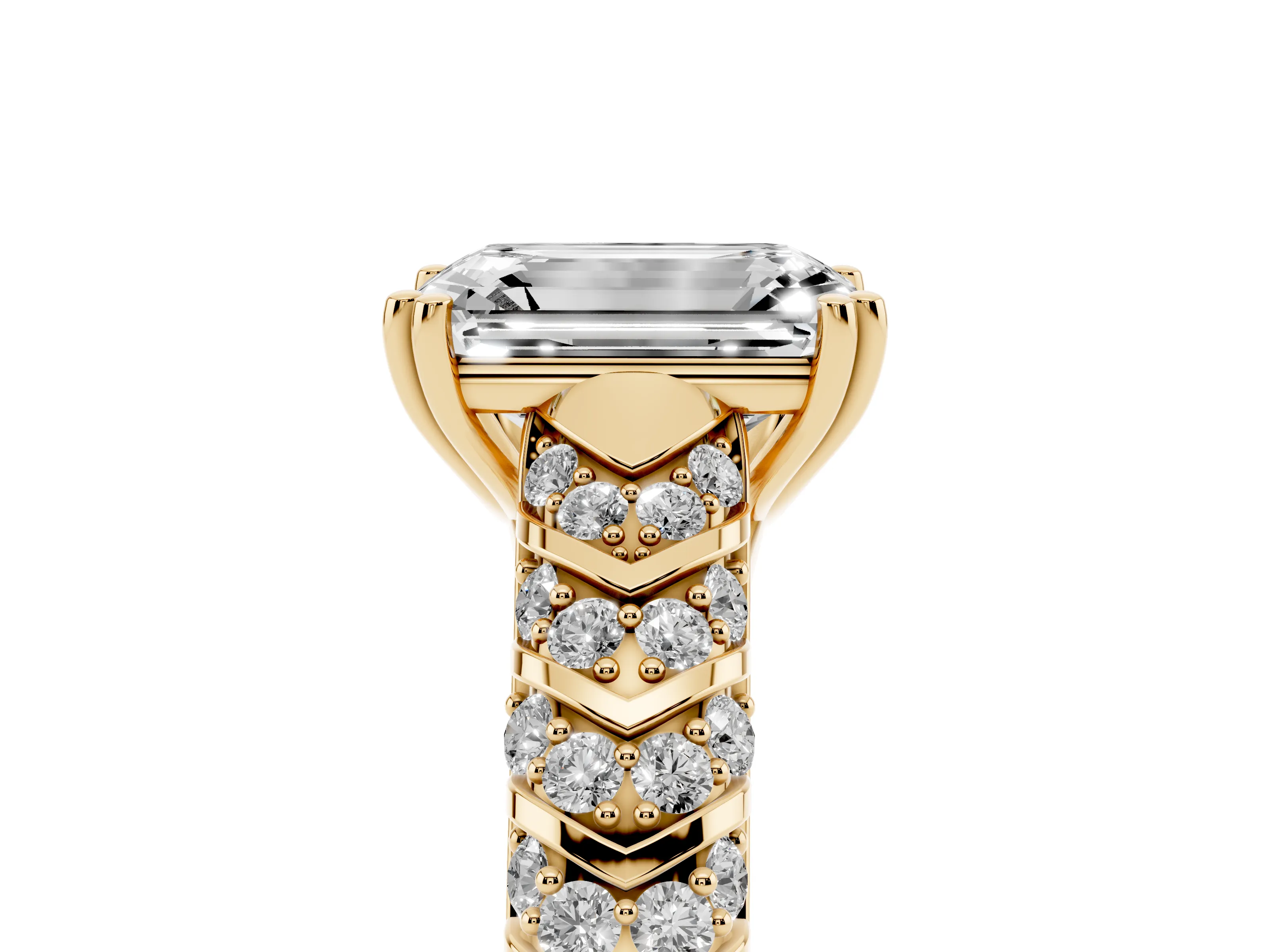 Emerald Cut Diamond Solitaire Chevron Pavé Engagement Ring Set in Yellow gold with Prong Setting