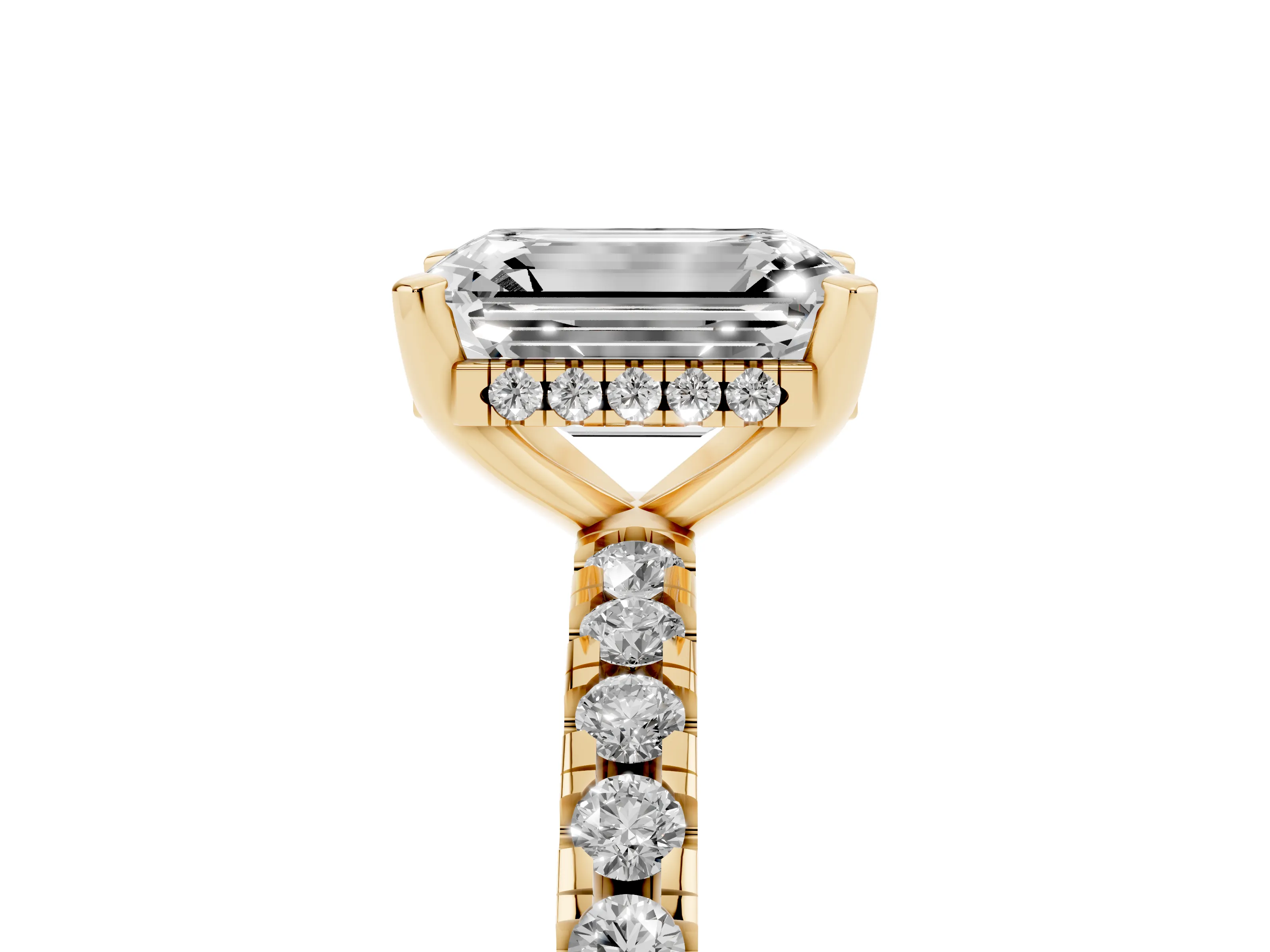 Emerald Cut Diamond Pavé Solitaire Ring Set in Yellow gold with Round Band Accents and Prong Setting