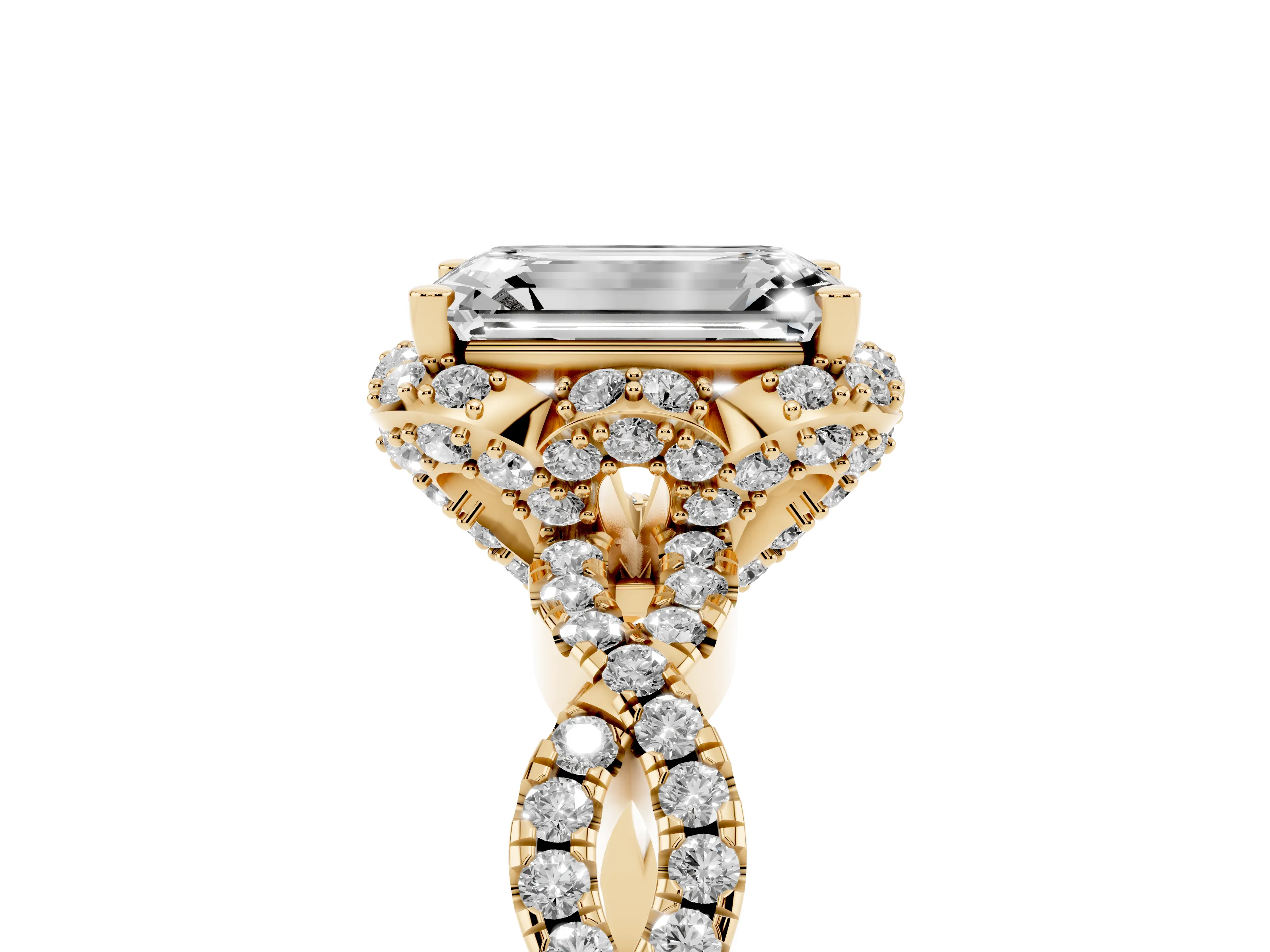 Emerald Cut Diamond Halo Twist Band Solitaire Ring Set in Yellow gold with Prong-Set Center Stone
