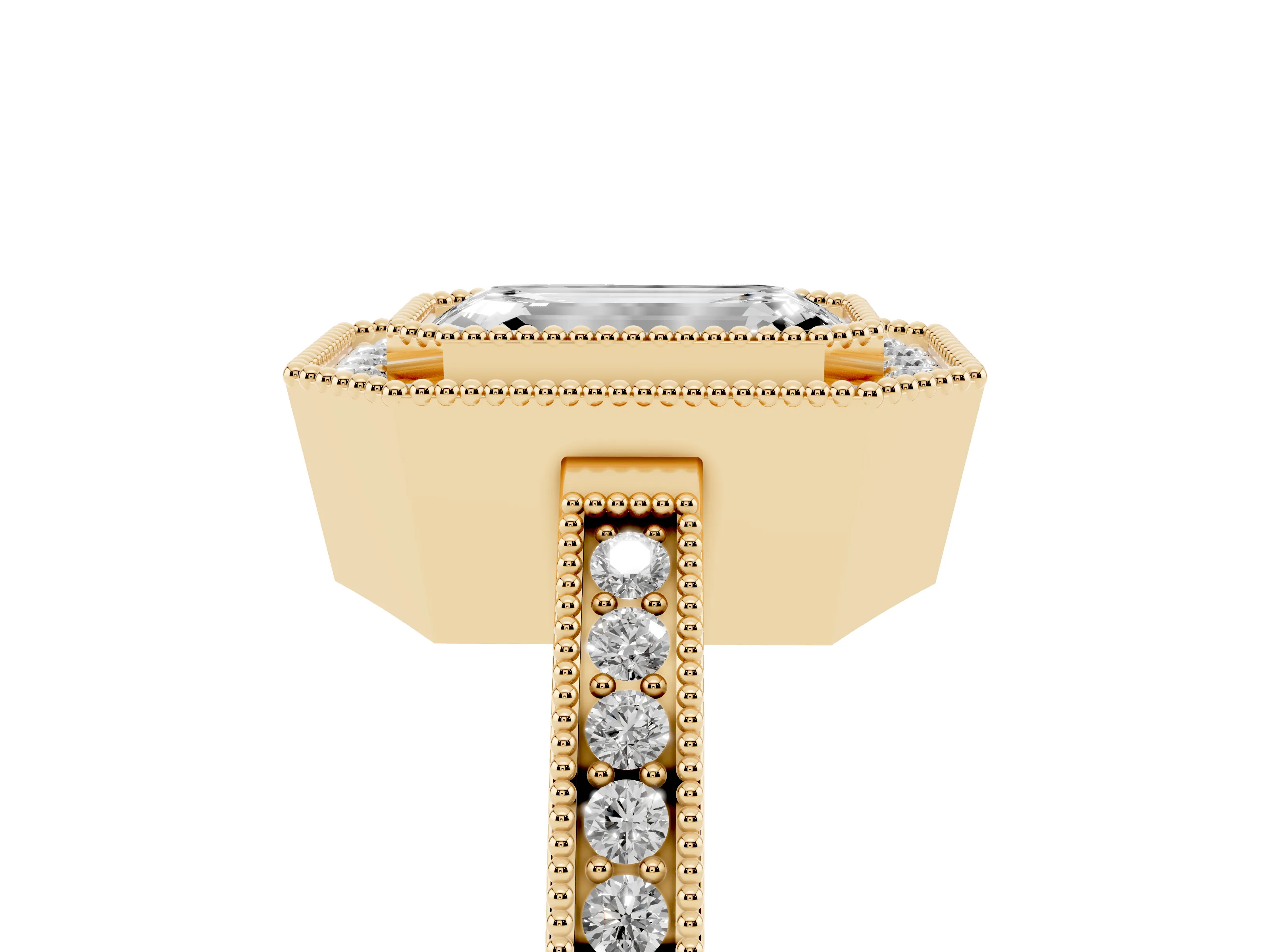 Emerald Cut Diamond Halo Ring Set in Yellow gold with Pavé Band and Milgrain-Edged Prongs