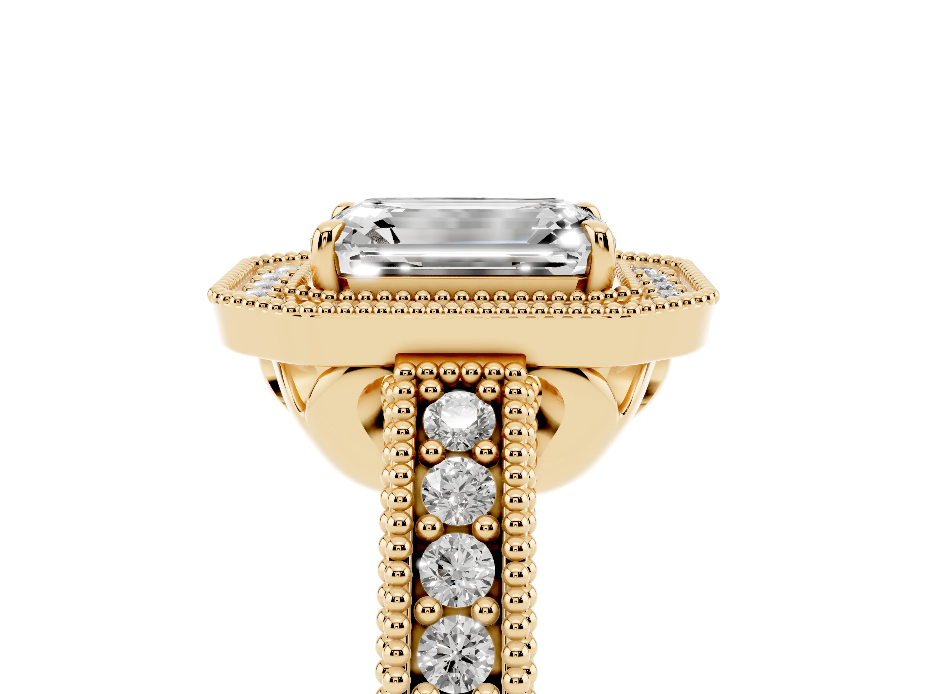 Emerald Cut Diamond Halo Ring Set in Yellow gold with Round Accent Halo, Pavé Band and Prong Setting