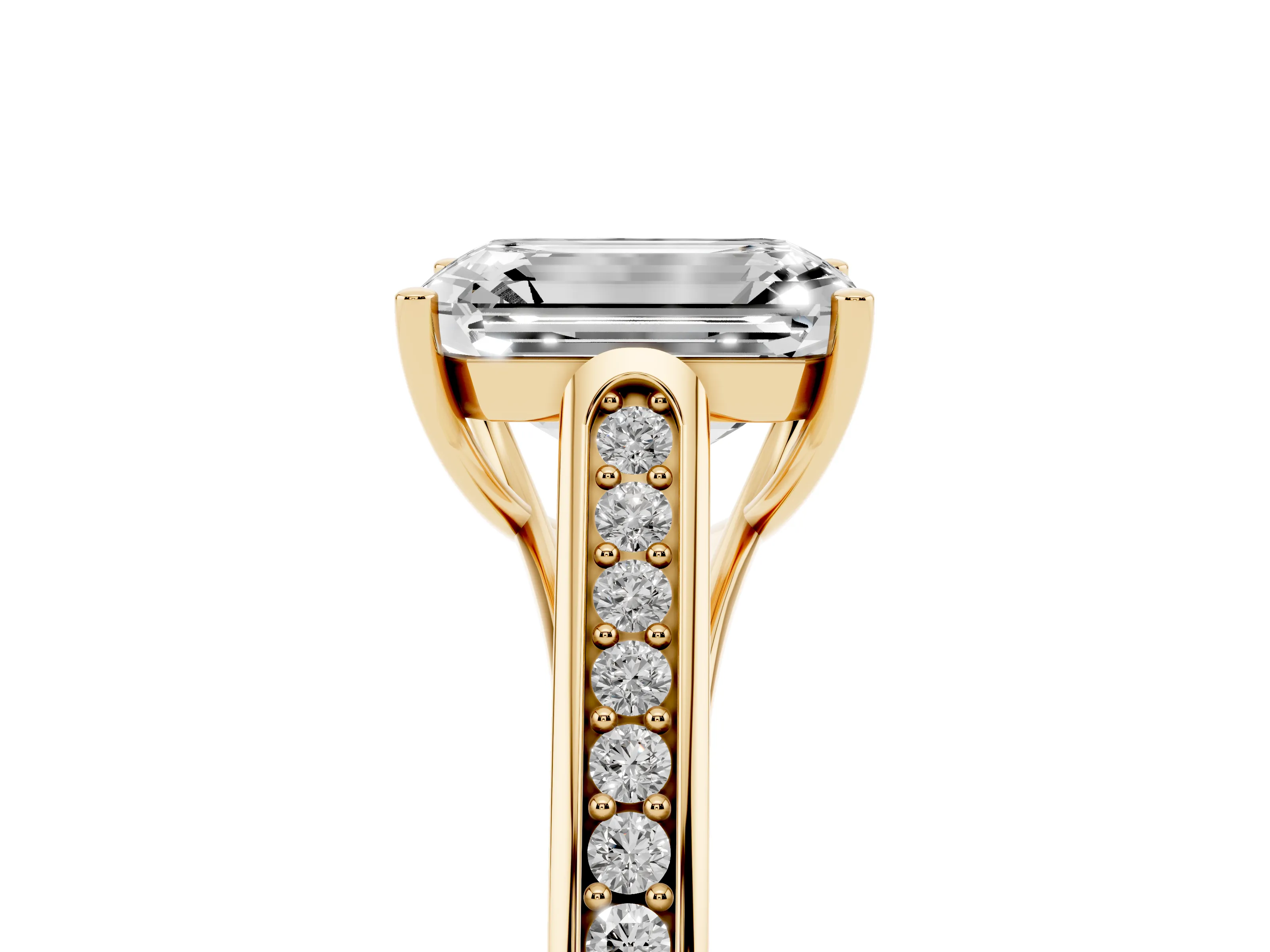 Emerald Cut Diamond Solitaire Cathedral Engagement Ring Set in Yellow gold with Channel-Set Band and Prong Setting