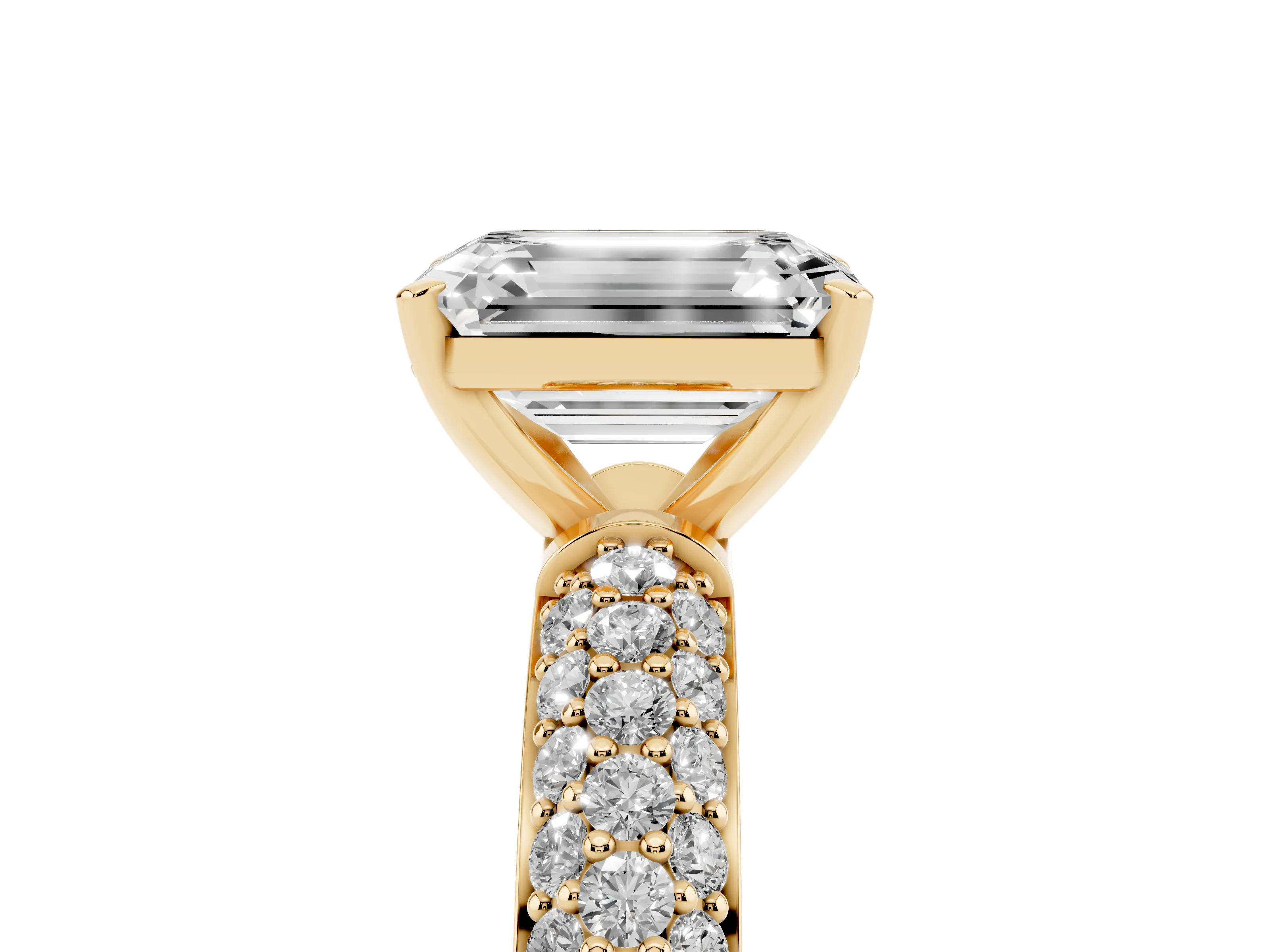 Emerald Cut Diamond Solitaire Ring Set in Yellow gold with Prong Setting and Pavé-Set Band
