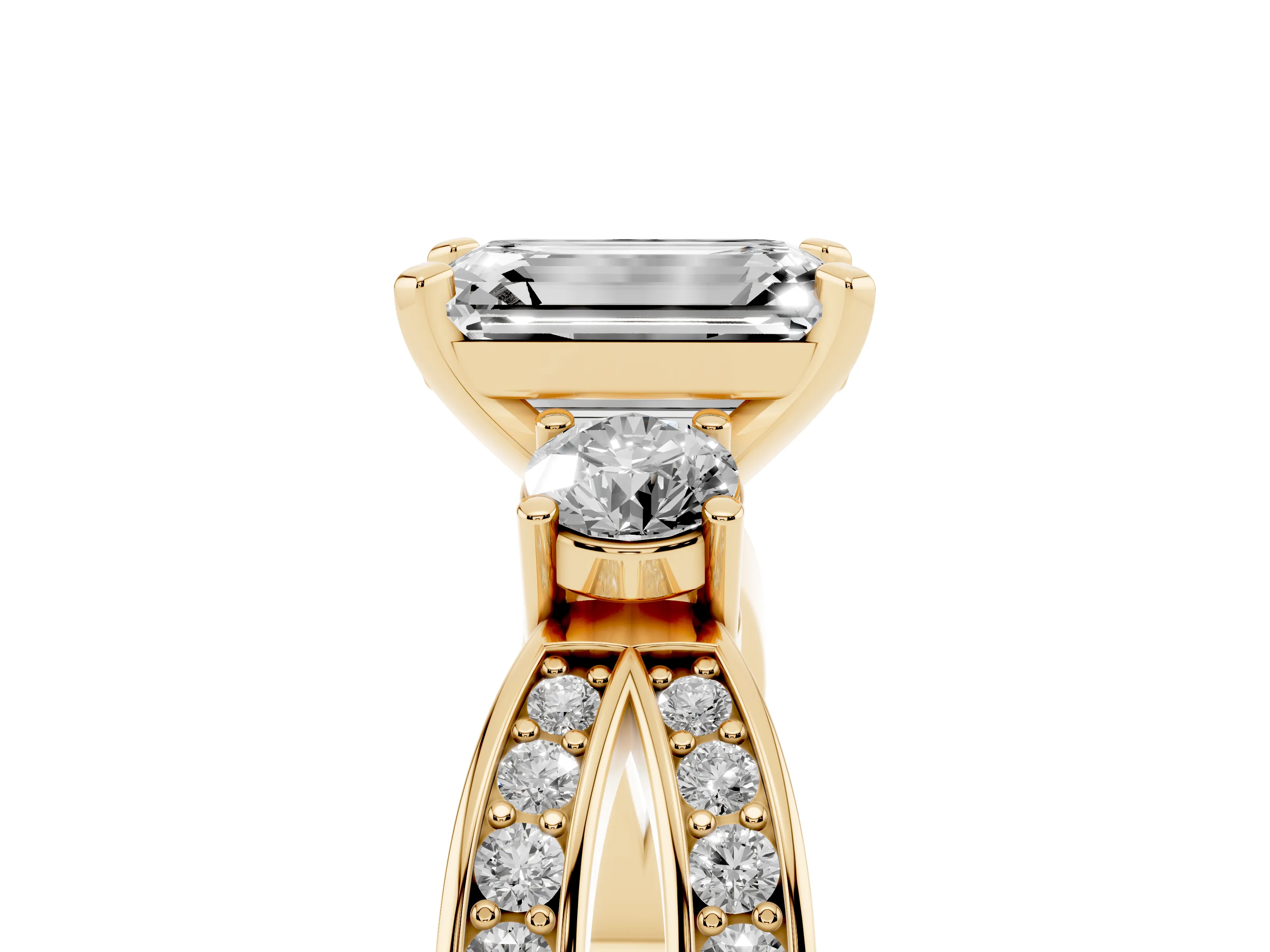 Three-Stone Emerald Cut Diamond Twist Band Ring Set in Yellow gold with Pavé Accents and Prong Setting