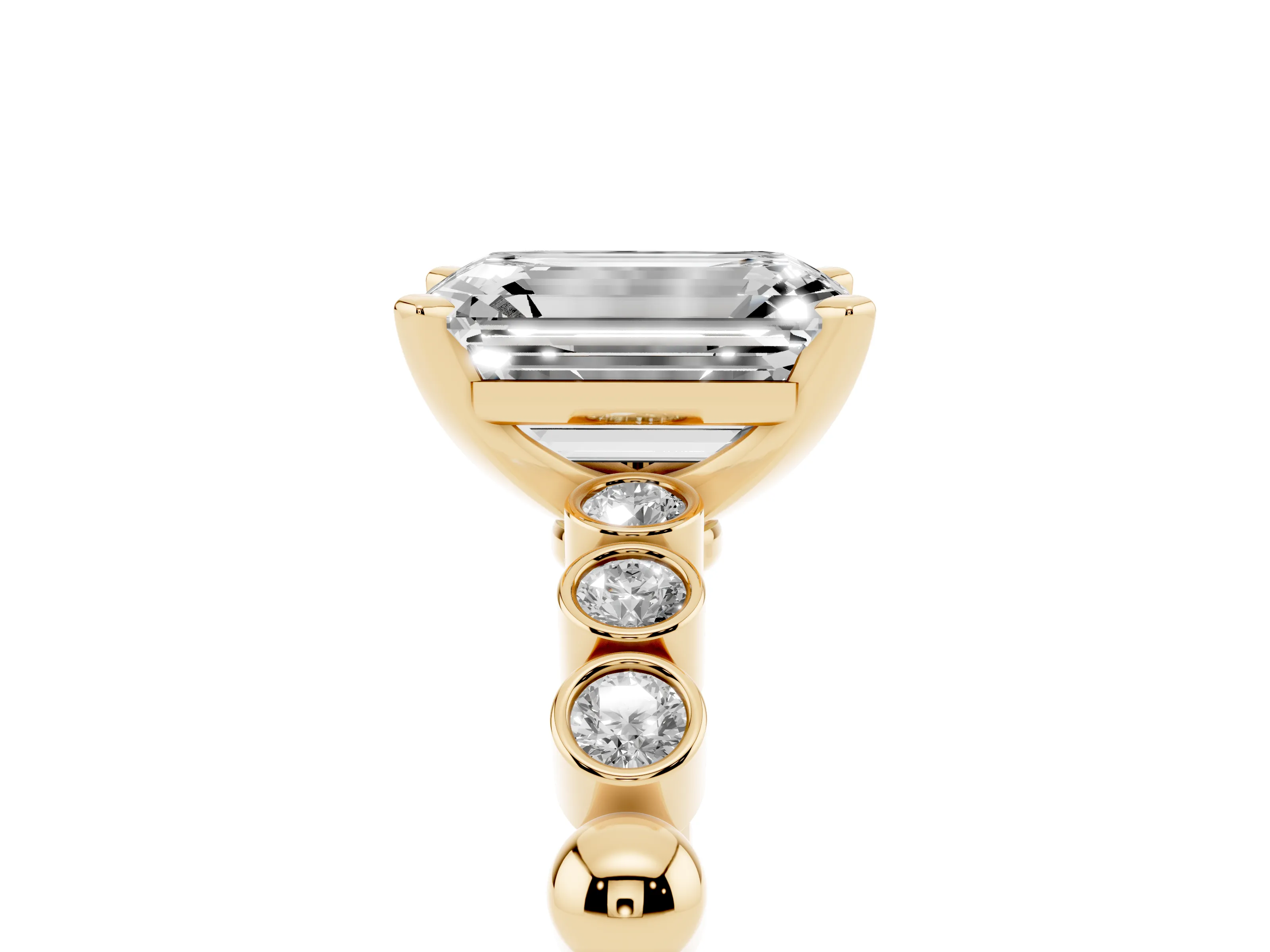 Emerald Cut Diamond Solitaire Engagement Ring Set in Yellow gold with Bezel Accents on Beaded Band