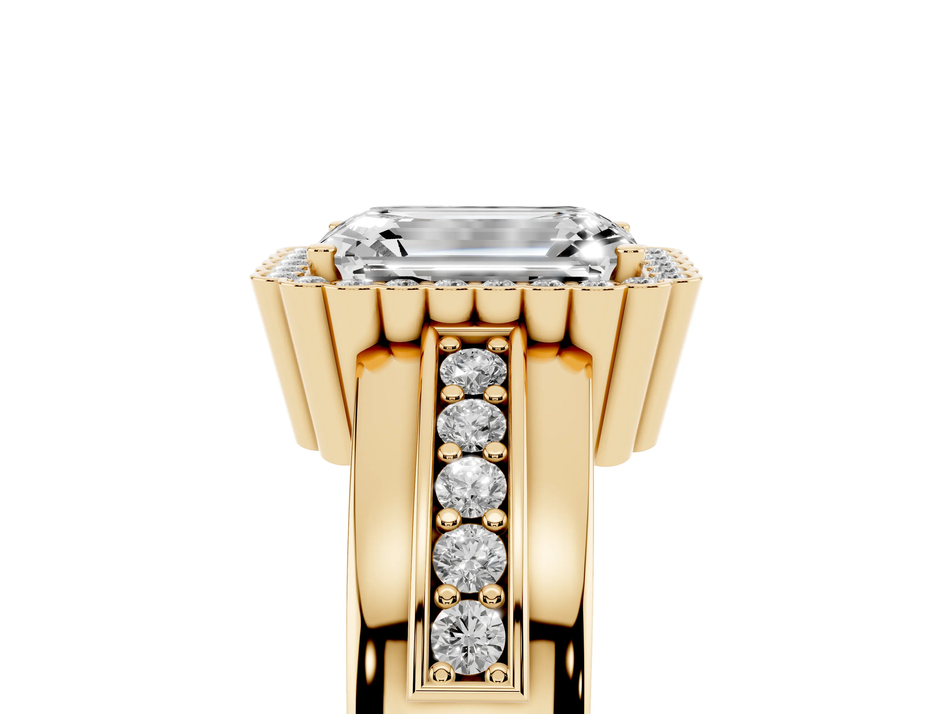 Emerald Cut Diamond Halo Prong Ring Set in Yellow gold with Pavé Band