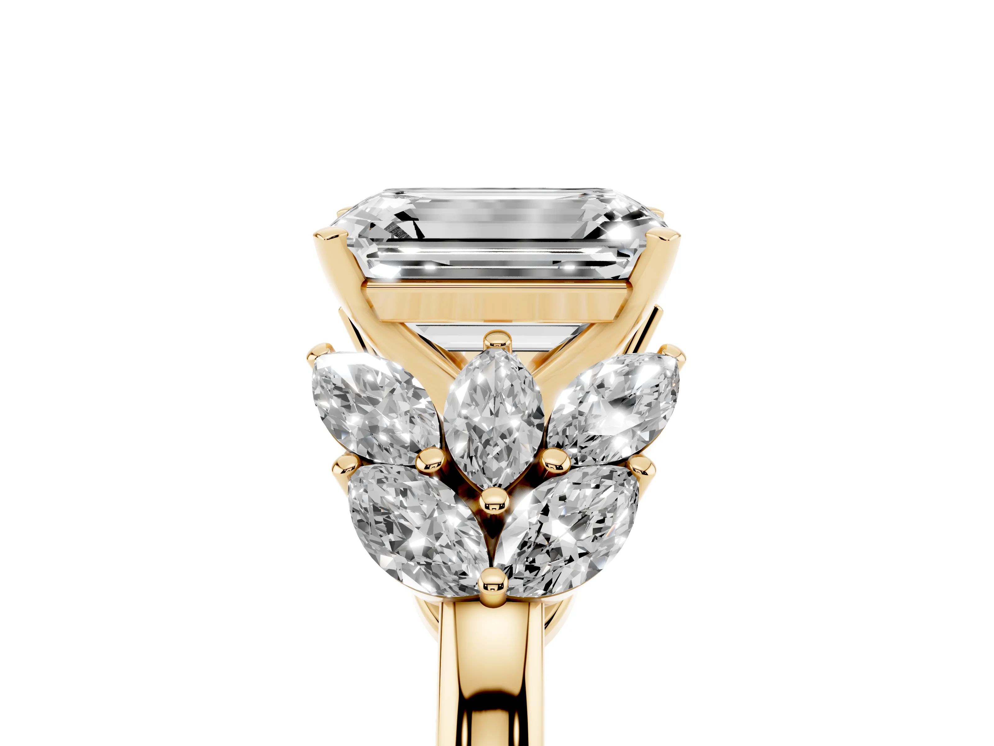 Emerald Cut Diamond Cluster Leaf Design Ring Set in Yellow gold with Prong Setting