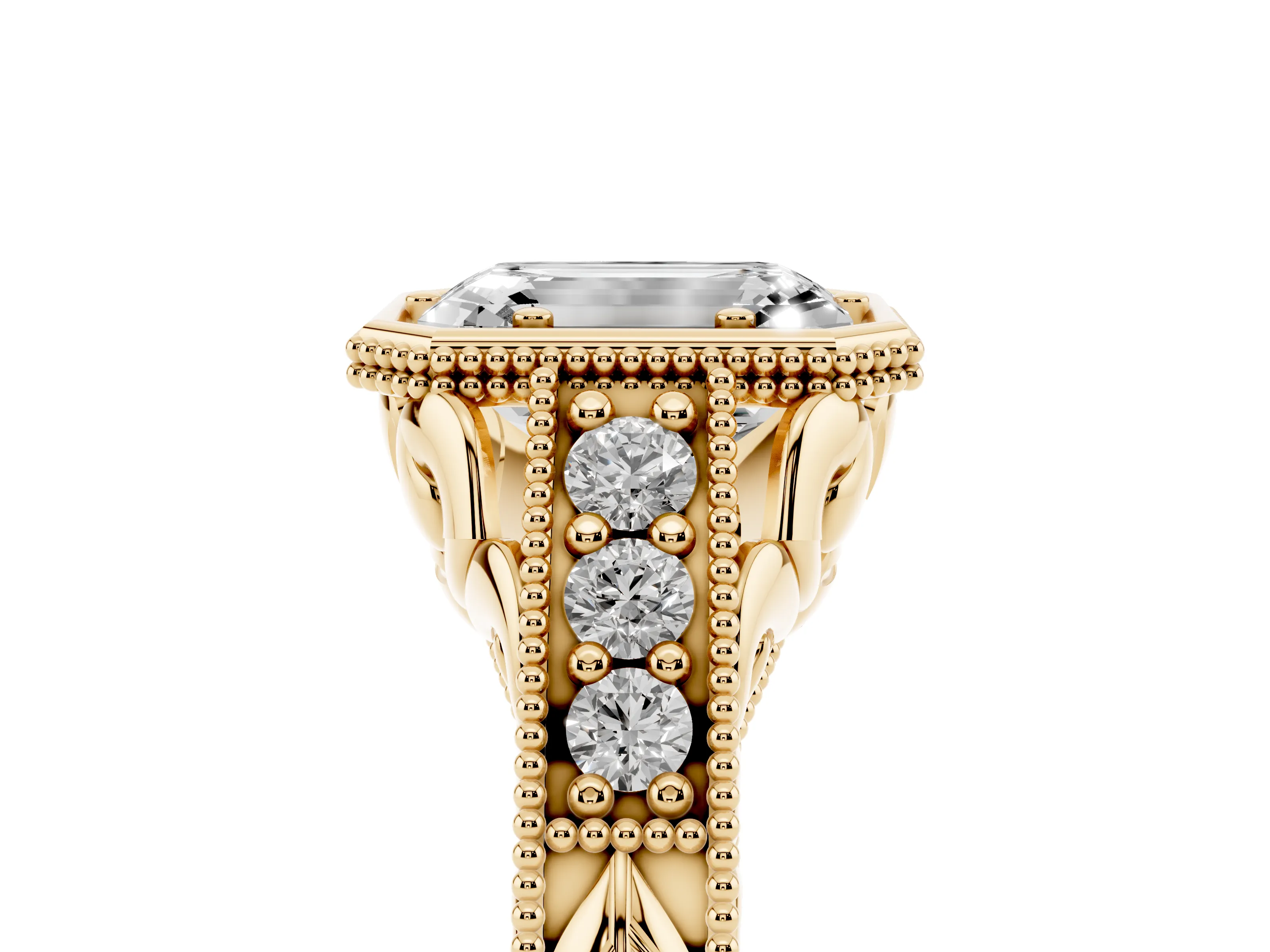 Bezel Set Emerald Cut Diamond Milgrain Pavé Engagement Ring Set in Yellow gold