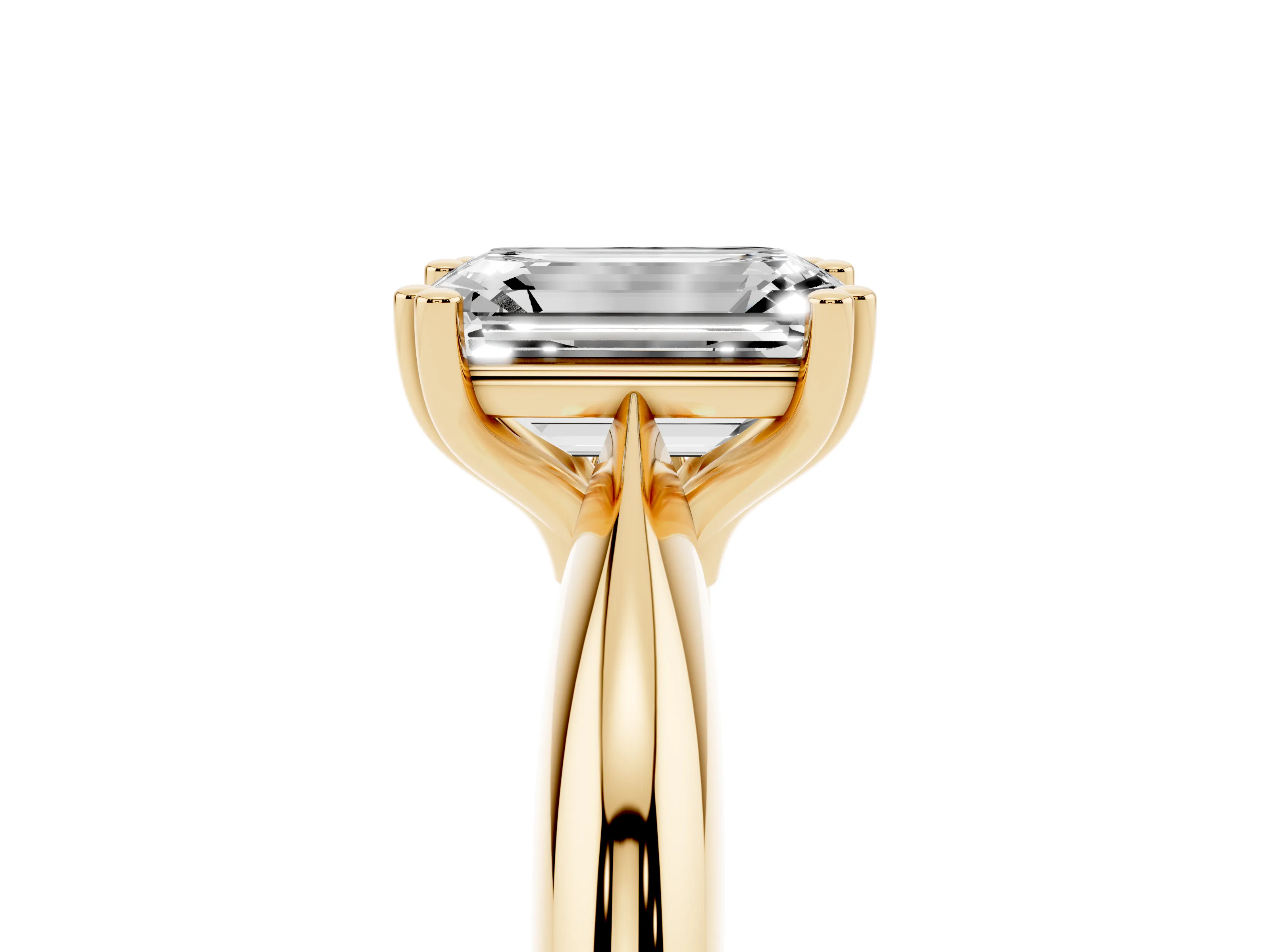 Emerald Cut Diamond Solitaire Engagement Ring Set in Yellow gold with Tapered Band and Prong Setting
