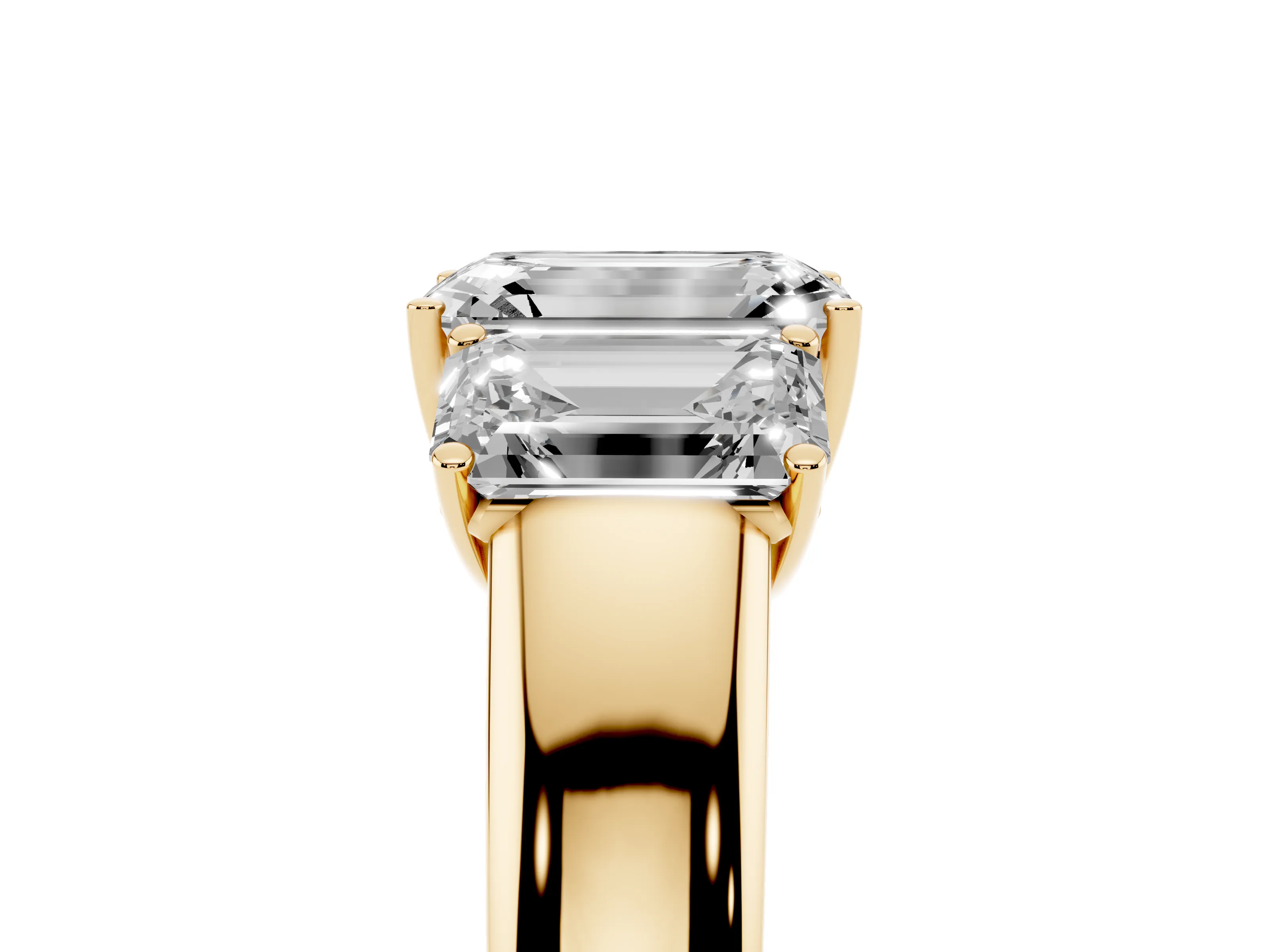Three-Stone Emerald Cut Diamond Ring Set in Yellow gold with Matching Prong Settings and Plain Band