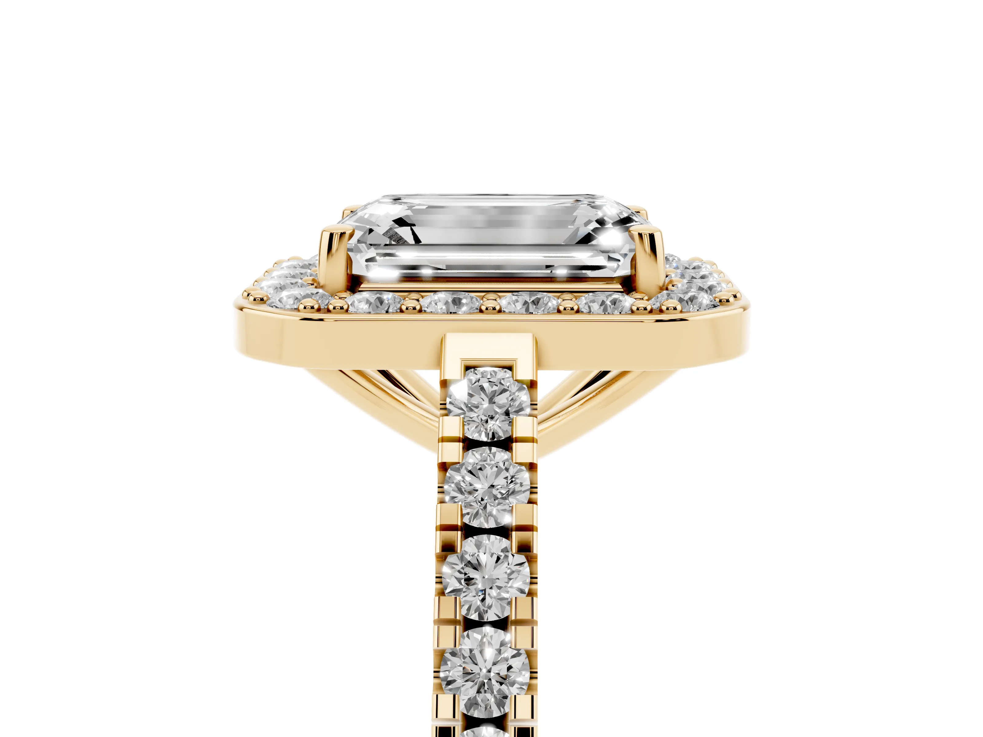 Emerald Cut Diamond Halo Ring Set in Yellow gold with Round Pavé Split Shank and Prong Setting