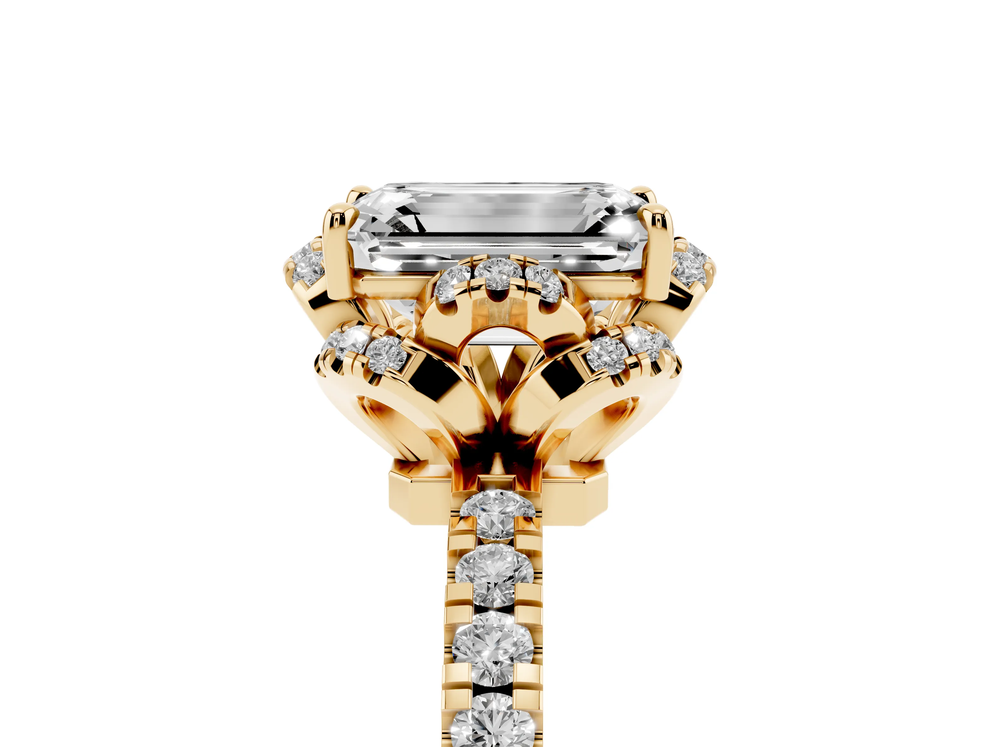 Emerald Cut Diamond Halo Pavé Band Ring Set in Yellow gold with Prong-Held Center