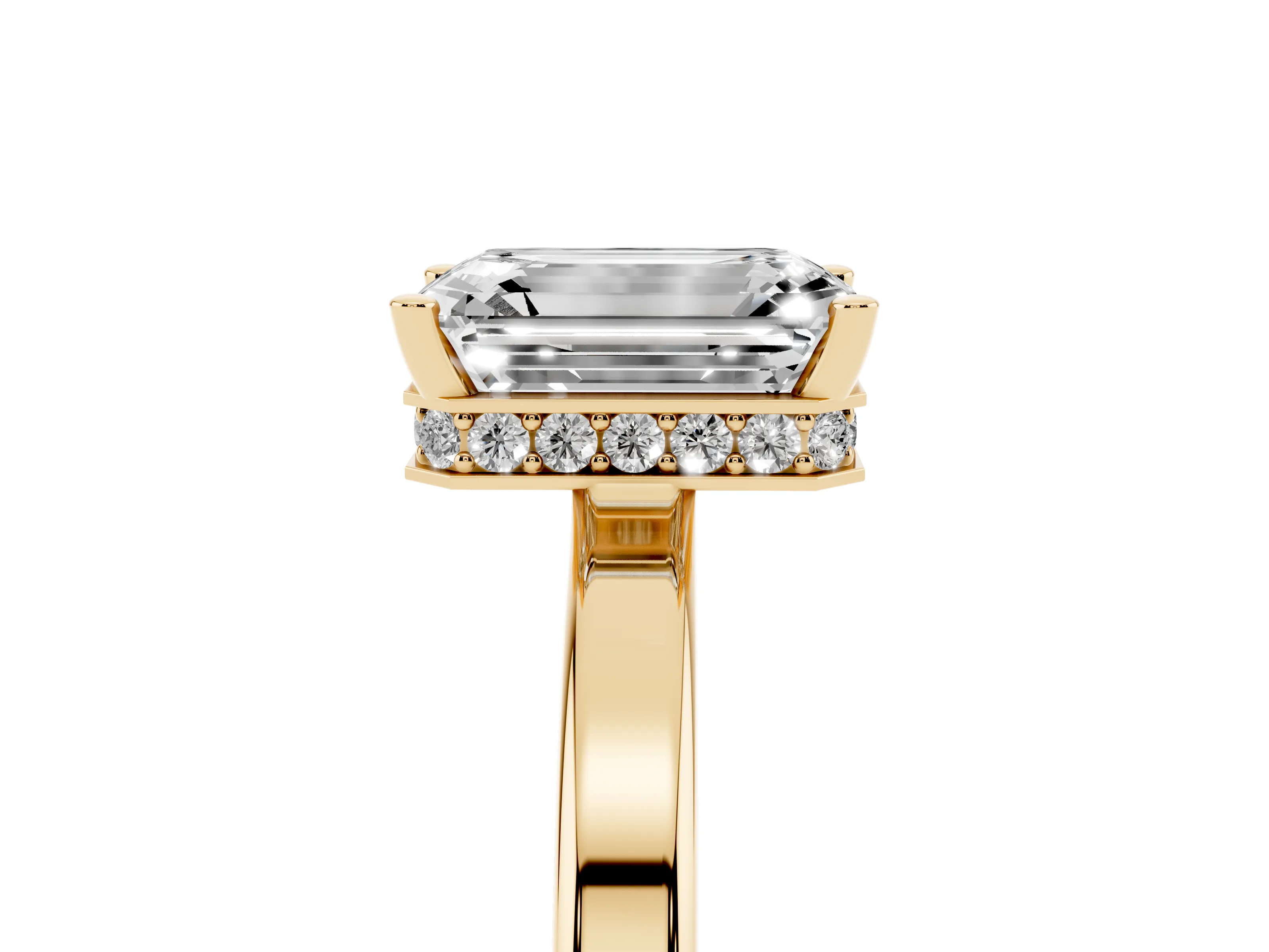 Emerald Cut Diamond Solitaire Engagement Ring Set in Yellow gold with Prong Setting on a Plain Band
