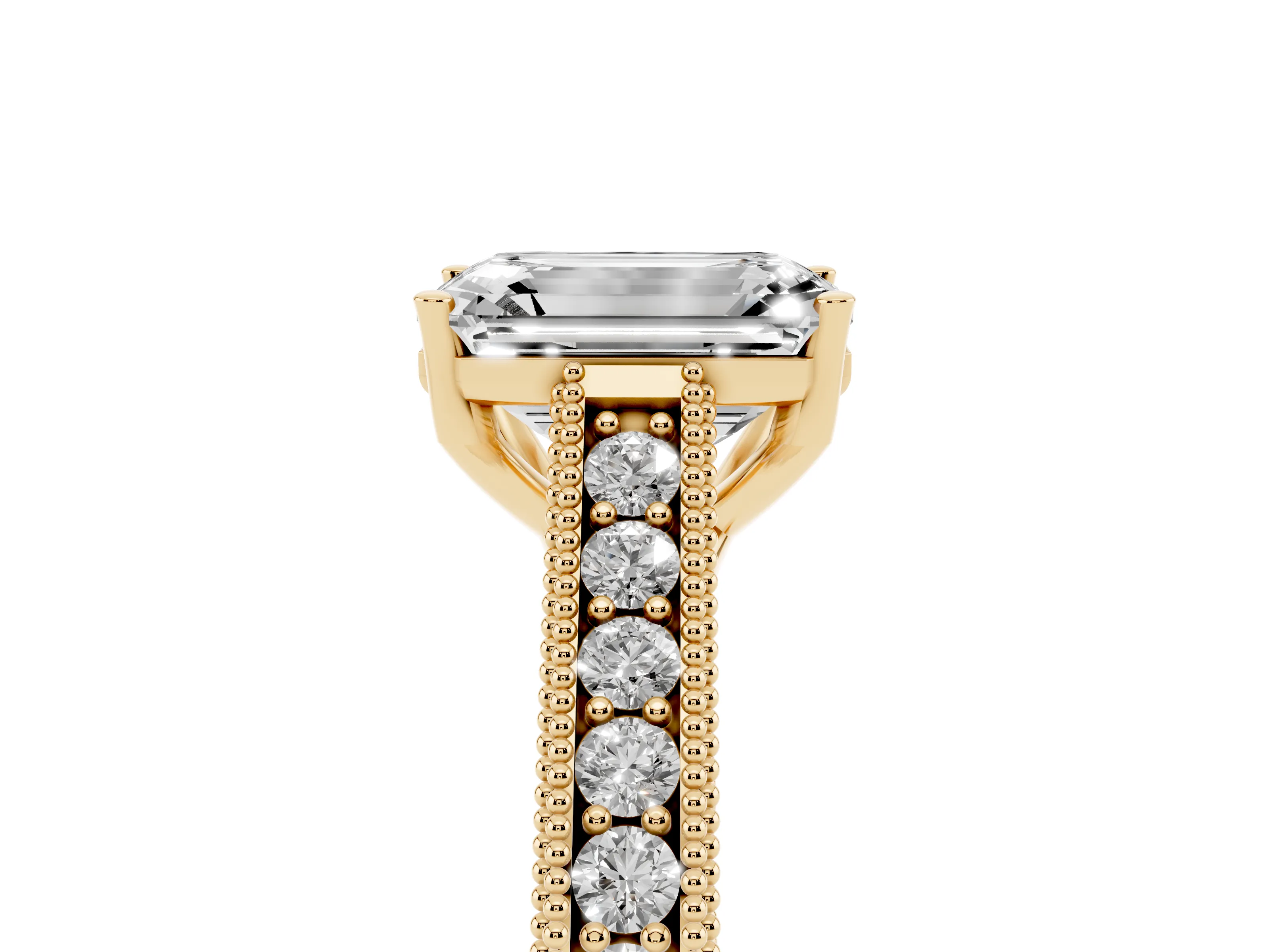 Emerald Cut Diamond Milgrain Pavé Band Solitaire Ring Set in Yellow gold with Prong Setting