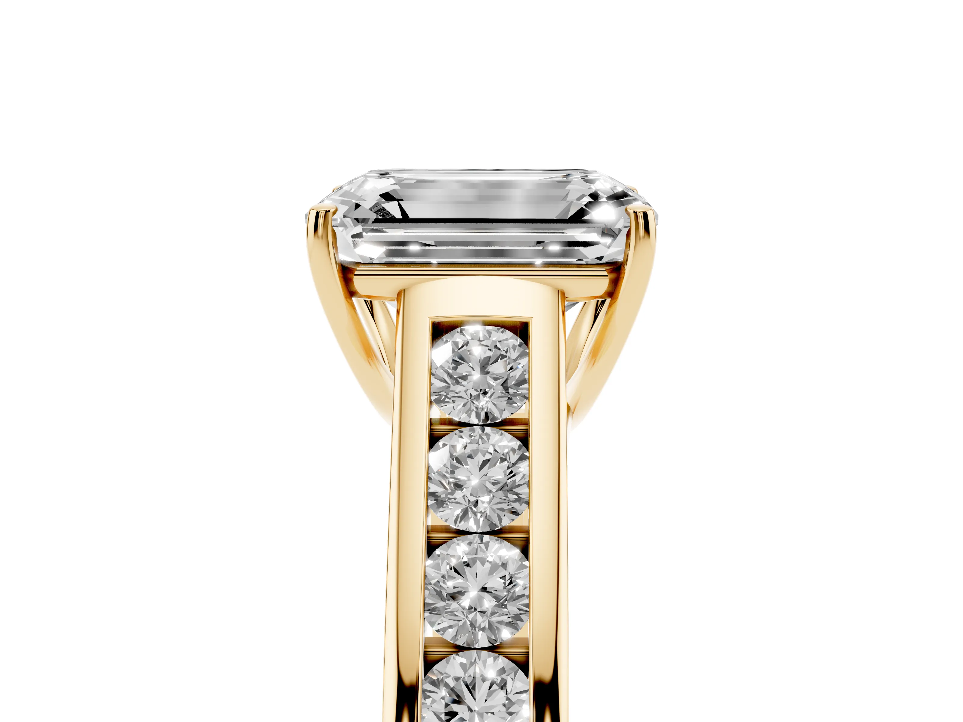 Emerald Cut Diamond Brilliant Channel-Set Solitaire Ring Set in Yellow gold with Prong Setting