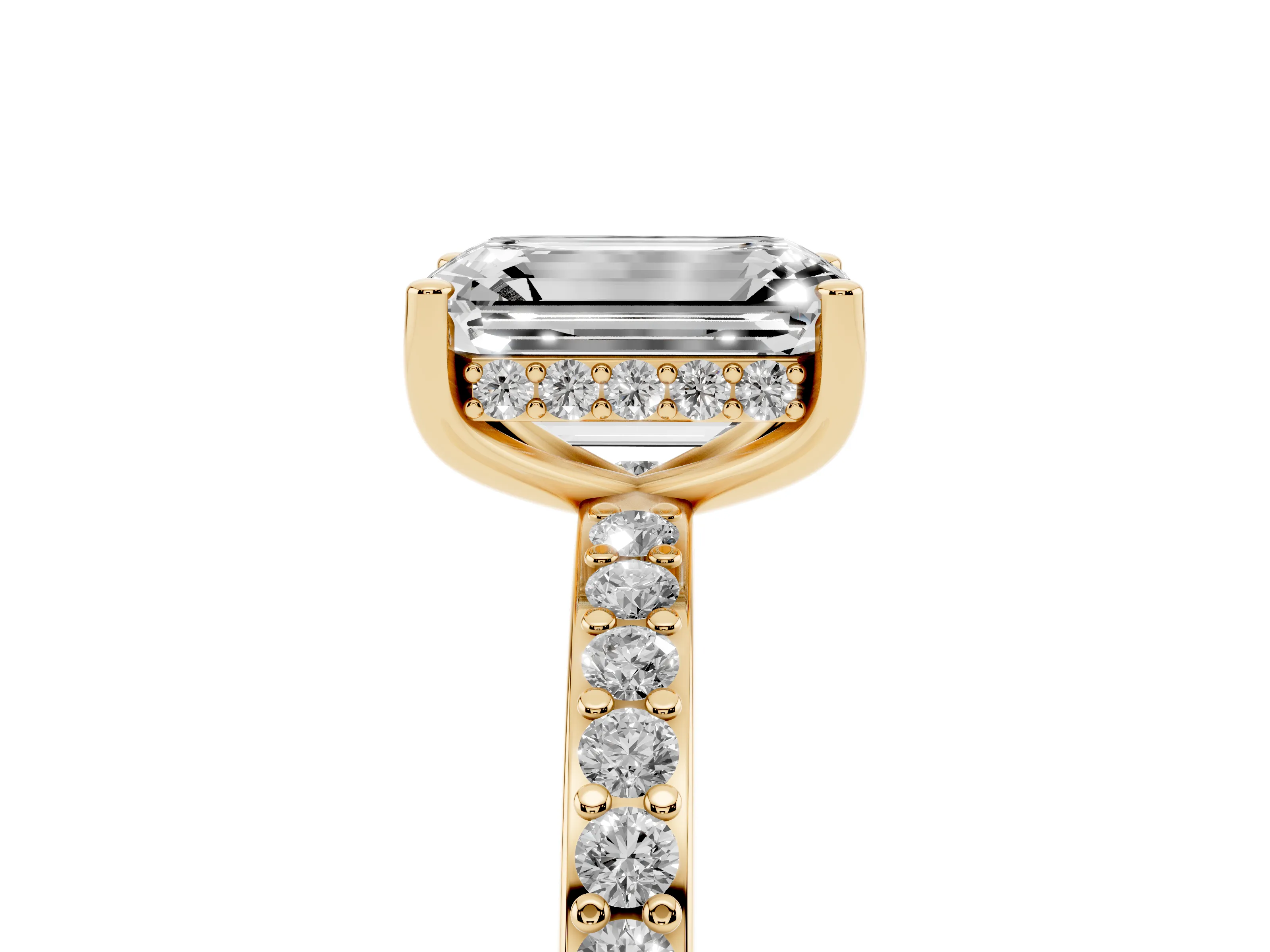 Emerald Cut Diamond Pavé Band Ring Set in Yellow gold with Prong-Set Center Stone